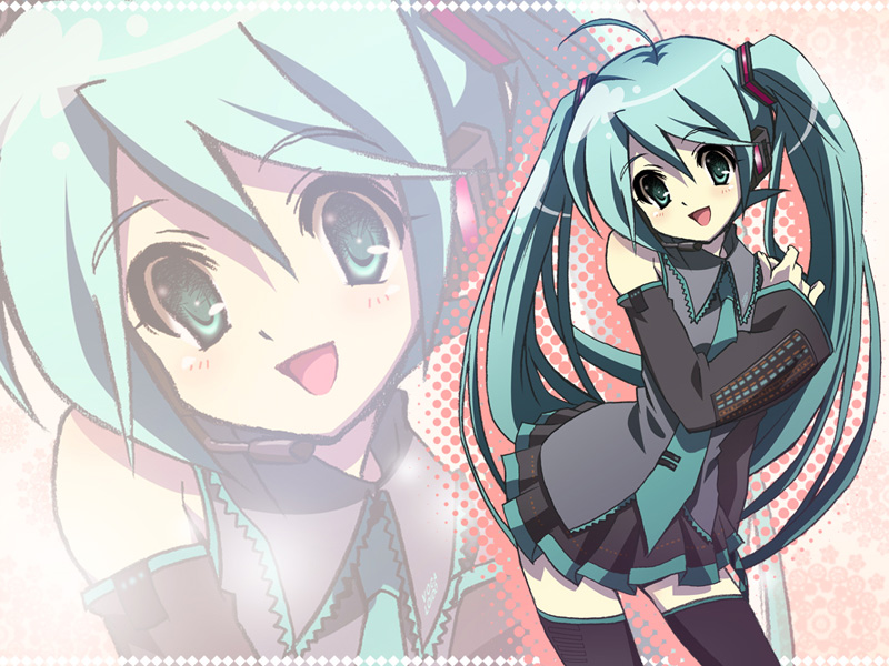 suzui narumi, hatsune miku, vocaloid, 1girl, ahoge, aqua eyes, aqua hair, detached sleeves, dress, female focus, long hair, looking at viewer, necktie, shirt, skirt, solo, thighhighs, twintails