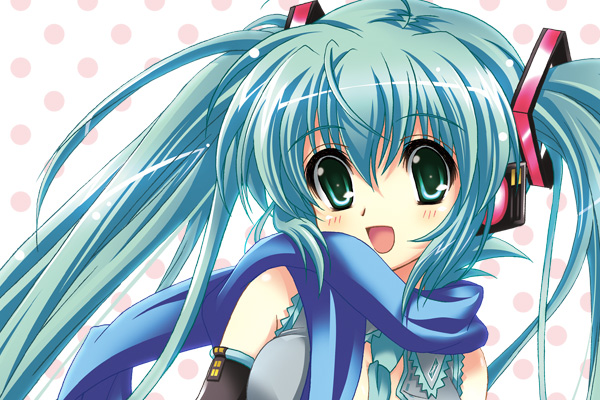 suzui narumi, hatsune miku, vocaloid, 1girl, :d, aqua hair, blue scarf, blush, female focus, green eyes, long hair, open mouth, polka dot, polka dot background, scarf, simple background, smile, solo, twintails, upper body