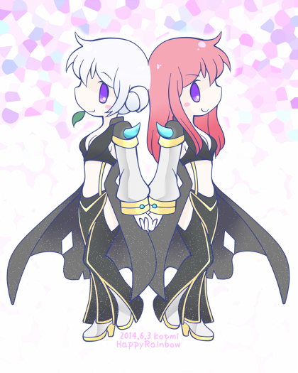 kotomi (happy colors), warlock (ragnarok online), ragnarok online, 2girls, back-to-back, black pants, black shirt, boots, breasts, cleavage, closed mouth, coat, crop top, dated, front slit, full body, grey coat, holding hands, leaf in mouth, long hair, looking at viewer, midriff, multiple girls, open clothes, open coat, pants, pink hair, purple eyes, shirt, sidelocks, small breasts, smile, standing, suspenders, white background, white boots, white hair