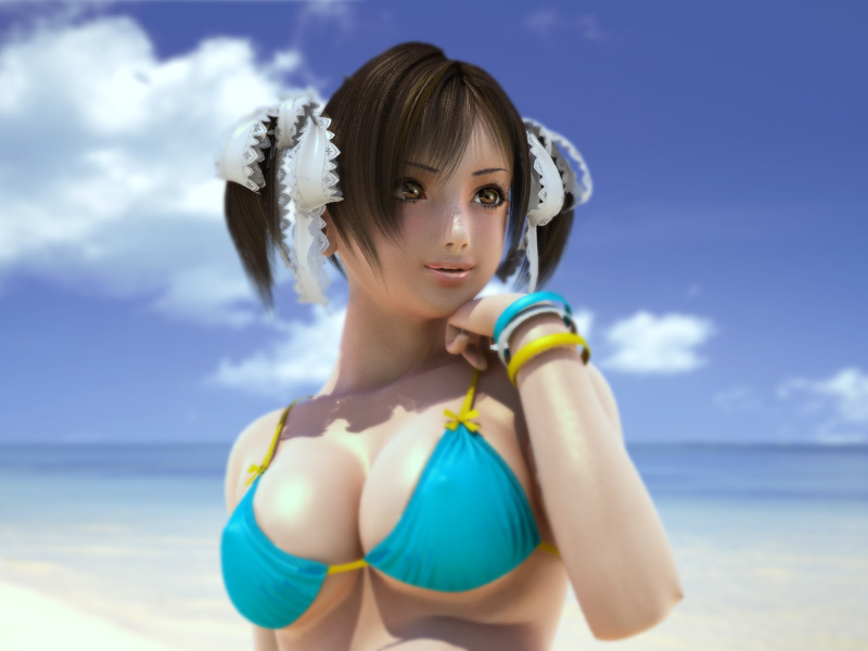 incise soul, m-rs, 1girl, 3d, beach, bikini, bikini top only, bracelet, breasts, brown eyes, brown hair, cloud, female focus, hair ribbon, jewelry, ocean, outdoors, ribbon, short twintails, sky, solo, swimsuit, twintails, upper body