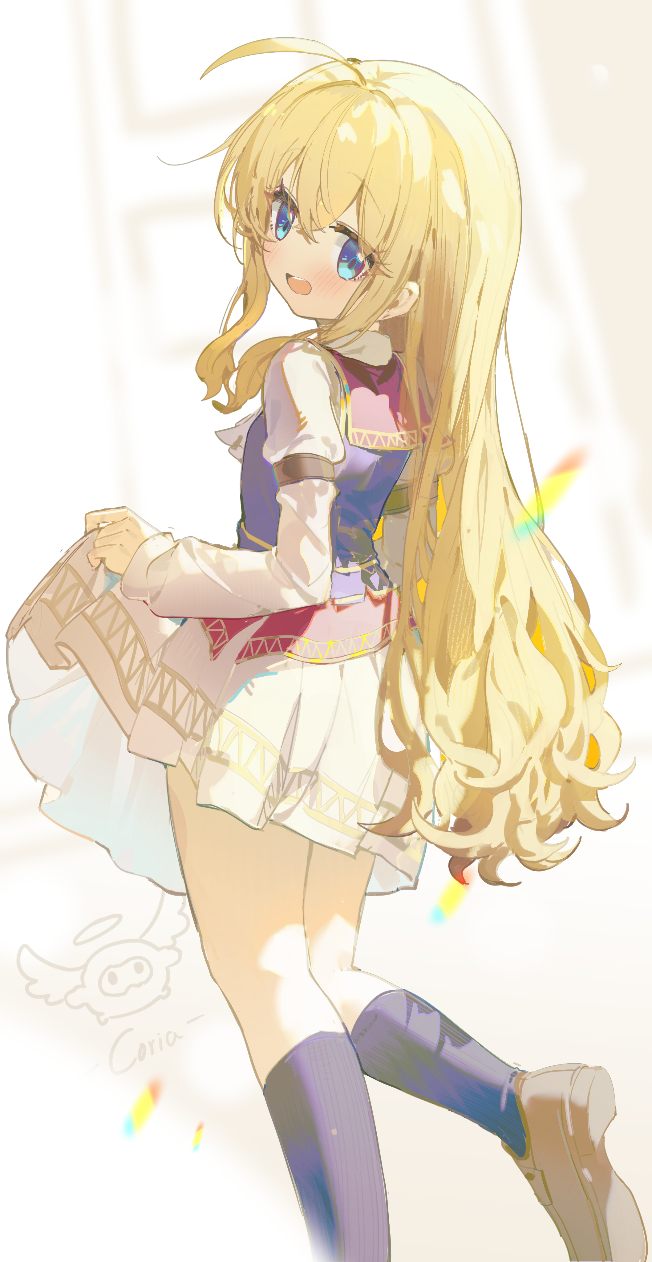 coria, tita russell, eiyuu densetsu, sora no kiseki, absurdres, highres, 1girl, ahoge, artist name, ascot, black socks, blonde hair, blue eyes, blush, clothes lift, cropped jacket, double-parted bangs, hair between eyes, loafers, long hair, long sleeves, looking at viewer, open mouth, puffy long sleeves, puffy sleeves, shoes, sidelocks, signature, skirt, skirt lift, smile, socks, solo, vest, waistcoat, white ascot