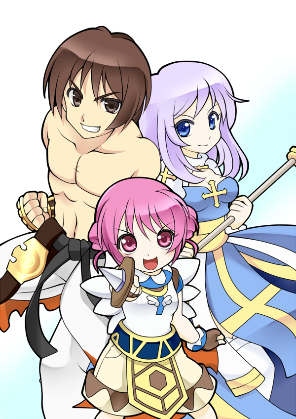 kotomi (happy colors), arch bishop (ragnarok online), super novice (ragnarok online), sura (ragnarok online), ragnarok online, commentary request, 1boy, 2girls, belt, black belt, blue belt, blue dress, blue eyes, breasts, brown eyes, brown gloves, brown hair, brown shorts, championship belt, cleavage, cleavage cutout, clenched hand, clothing cutout, cross, cross necklace, dagger, double bun, dress, fingerless gloves, gloves, grin, hair bun, holding, holding dagger, holding knife, holding staff, holding weapon, jewelry, knife, long hair, looking at viewer, multiple girls, navel, necklace, no nipples, open mouth, pants, pink eyes, pink hair, purple hair, sash, shirt, short hair, shorts, sleeveless, sleeveless shirt, smile, staff, thighhighs, two-tone dress, weapon, white background, white dress, white pants, white shirt, white thighhighs, yellow sash