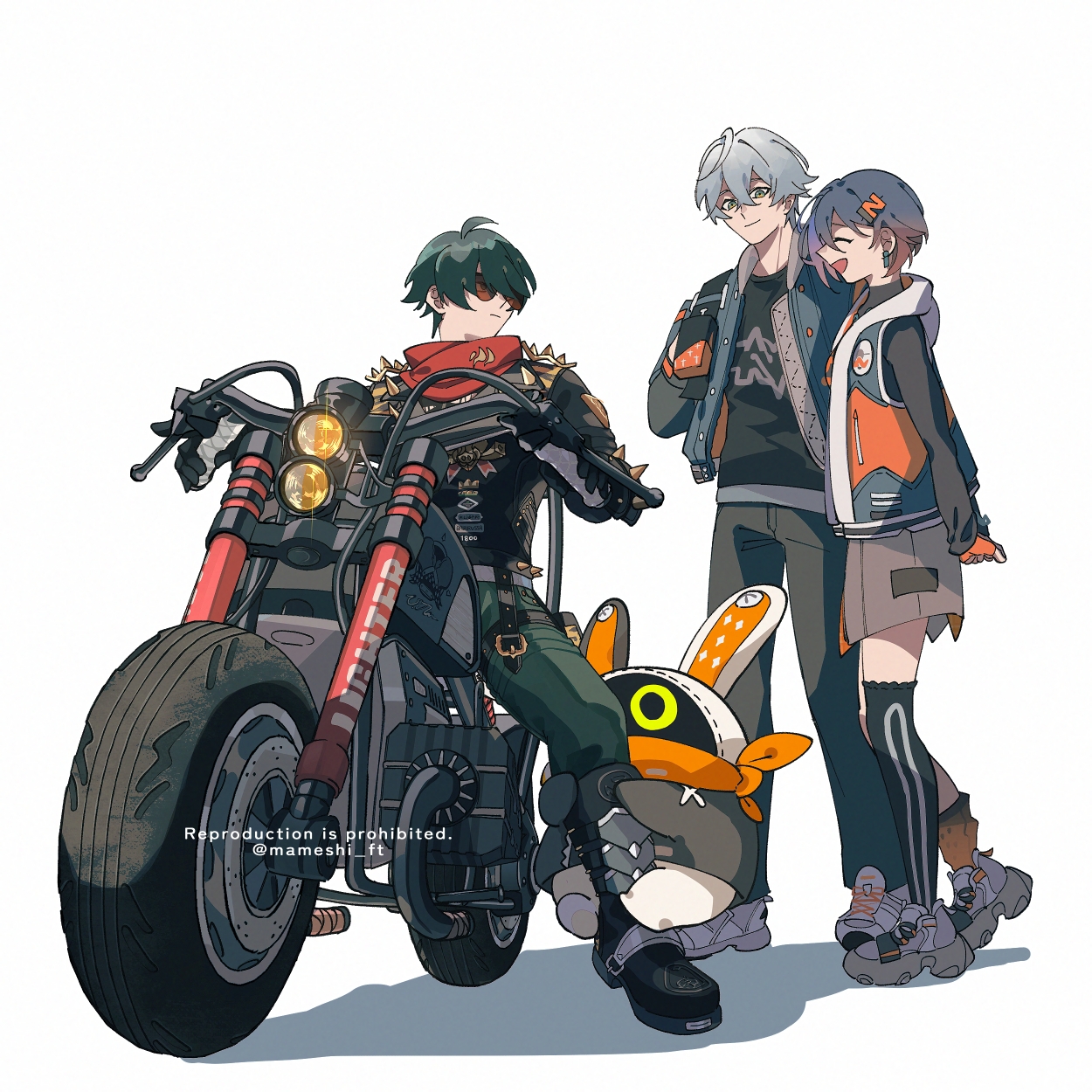 macha@meshi, belle (zenless zone zero), eous (zenless zone zero), lighter (zenless zone zero), wise (zenless zone zero), zenless zone zero, commentary request, highres, 1girl, 2boys, arms behind back, black boots, black gloves, black pants, black skirt, blue hair, blue jacket, boots, closed eyes, closed mouth, gloves, green eyes, green hair, grey hair, hair ornament, hugging another's leg, jacket, knee boots, letter hair ornament, letterman jacket, mismatched socks, motor vehicle, motorcycle, multiple boys, open mouth, orange scarf, pants, red-tinted eyewear, red scarf, scarf, shadow, shoes, simple background, skirt, smile, sneakers, spread legs, tinted eyewear, watermark, white background, white shoes