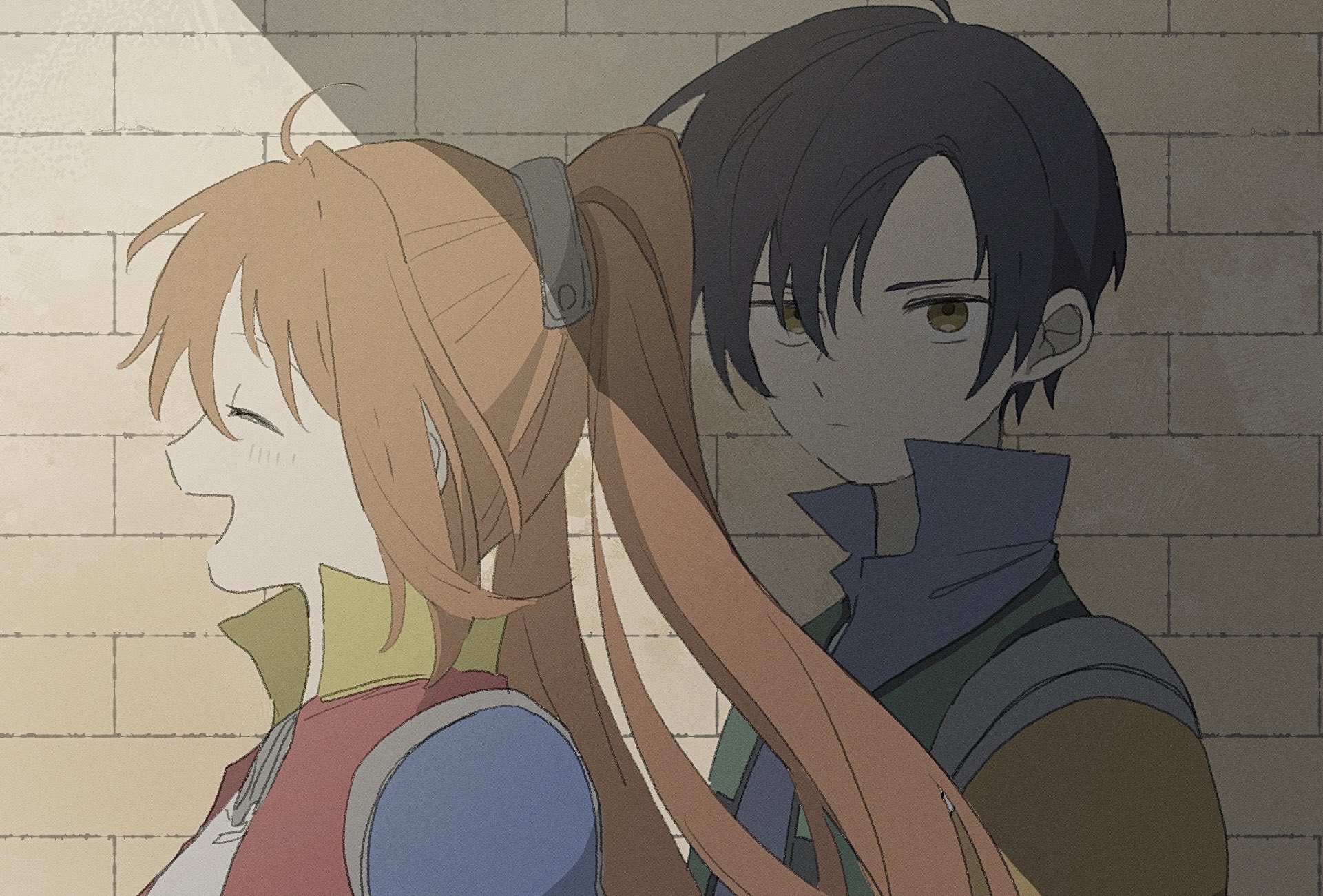 macha (macha3635toa), estelle bright, joshua bright, eiyuu densetsu, sora no kiseki, highres, 1boy, 1girl, ahoge, antenna hair, armor, black hair, brown eyes, brown hair, closed eyes, closed mouth, from side, high collar, looking at viewer, open mouth, parted bangs, pauldrons, shoulder armor, single pauldron, smile, twintails