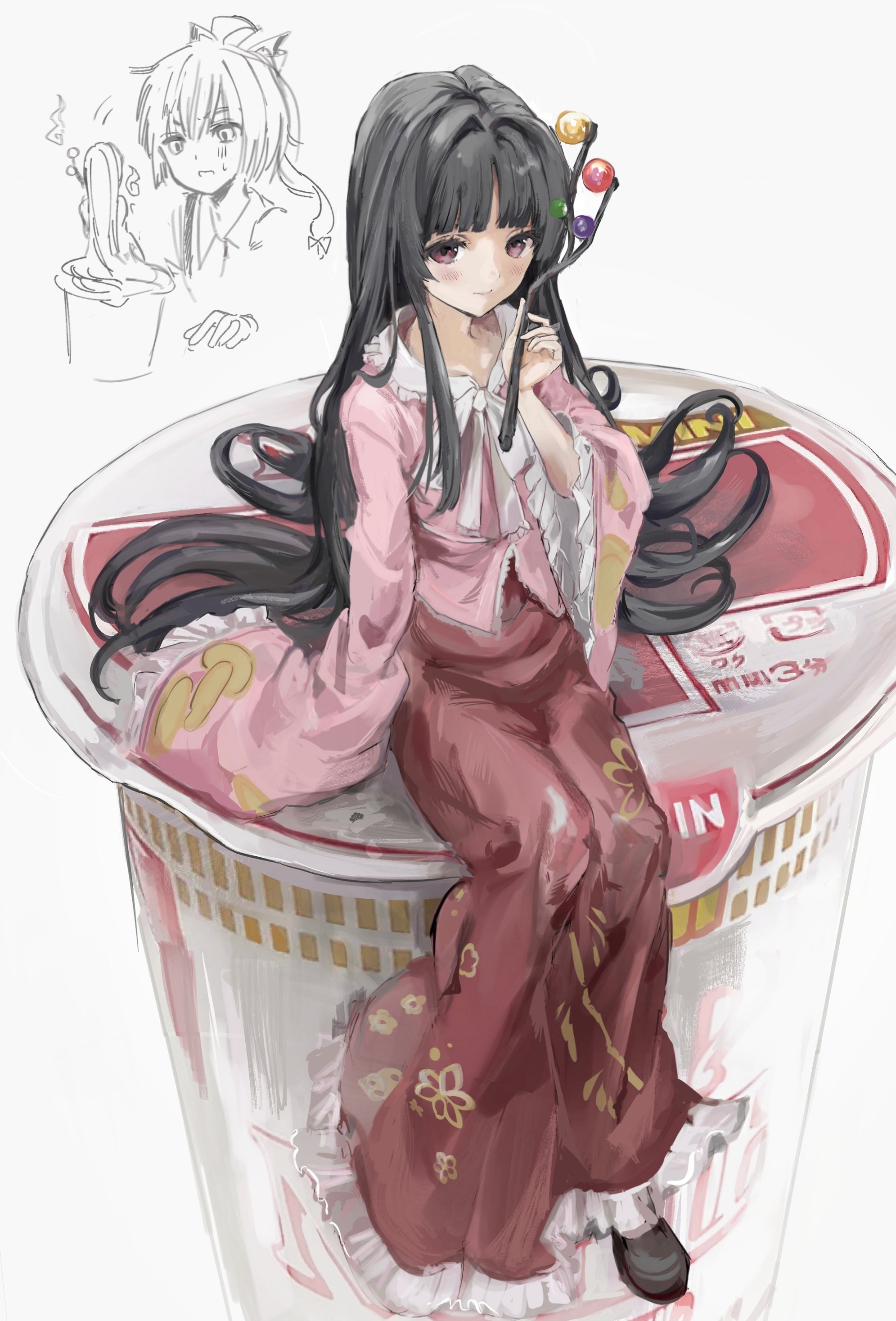 sesmkun, fujiwara no mokou, houraisan kaguya, touhou, absurdres, highres, black hair, cup ramen, dango, food, hair ornament, japanese clothes, kimono, long hair, parody, pink kimono, sitting, sketch, wagashi
