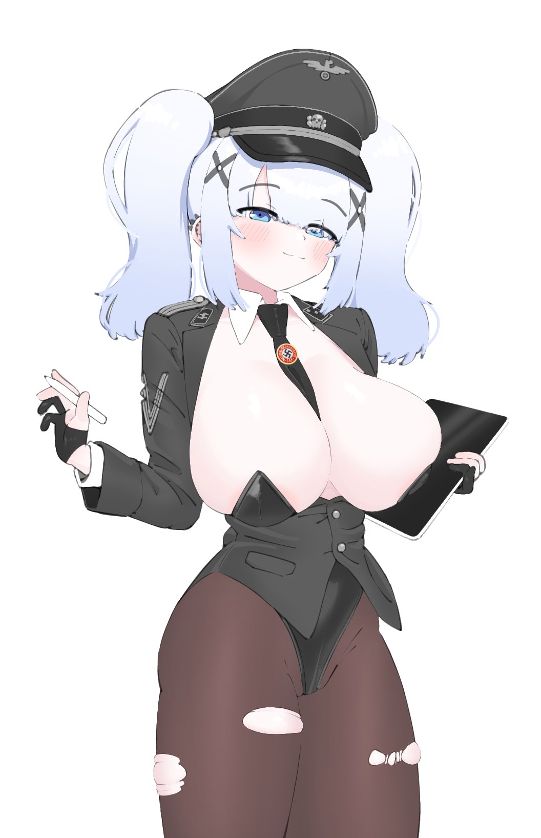 black cat03, original, highres, 1girl, artist glove, between breasts, black gloves, black hat, black jacket, black leotard, black necktie, blue eyes, blue hair, blush, breasts, brown pantyhose, closed mouth, drawing tablet, gloves, gradient hair, hair ornament, hat, highleg, highleg leotard, holding, holding drawing tablet, holding stylus, huge breasts, jacket, leotard, leotard under clothes, military dress uniform, military uniform, multicolored hair, nazi, necktie, necktie between breasts, pantyhose, peaked cap, simple background, skindentation, solo, ss insignia, ss uniform, stylus, swastika, torn clothes, torn pantyhose, totenkopf, twintails, waffen-ss, white background, x hair ornament