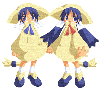amazake (manuke no oukoku), nekoko (ukagaka), shouta (ukagaka), ukagaka, bad link, commentary request, lowres, :d, anime coloring, ankle socks, blue eyes, blue hair, blue ribbon, blue shoes, coat, collared coat, hat, hat with ears, high collar, holding hands, legs apart, long hair, looking to the side, open hand, open mouth, pocket, red ribbon, ribbon, shoes, short hair, smile, socks, standing, tail, tail ornament, transparent background, twintails, white ribbon, white socks, yellow coat, yellow hat, yellow sleeves, yellow tail