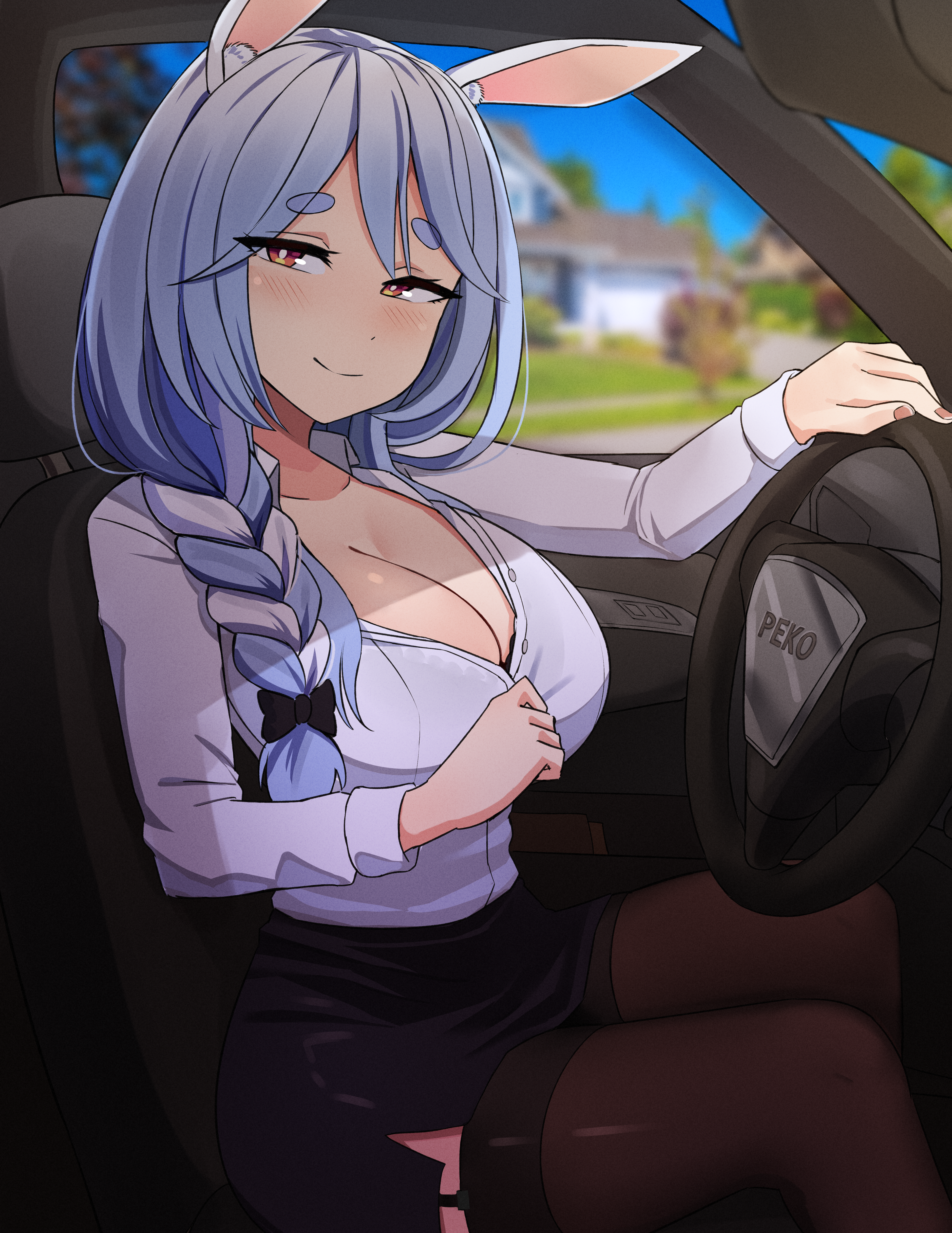 peps art, pekomama, hololive, absurdres, highres, 1girl, alternate costume, animal ear fluff, animal ears, black skirt, blue hair, blush, braid, braided ponytail, breasts, car interior, cleavage, large breasts, long hair, looking at viewer, mature female, multicolored hair, partially unbuttoned, pencil skirt, rabbit ears, rabbit girl, short eyebrows, skirt, smile, solo, steering wheel, streaked hair, thick eyebrows, virtual youtuber, white hair