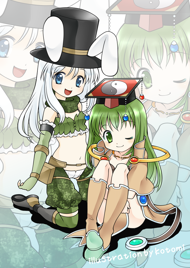 kotomi (happy colors), ranger (ragnarok online), sage (ragnarok online), ragnarok online, commentary request, 2girls, :d, animal ear headwear, animal ears, belt, belt pouch, black boots, black hat, blush, boots, breasts, brown belt, brown boots, brown capelet, camouflage, camouflage scarf, camouflage shorts, capelet, chinese clothes, closed mouth, elbow gloves, fake animal ears, fingerless gloves, full body, gloves, green eyes, green gloves, green hair, green scarf, green shorts, green thighhighs, green tube top, guan hat, hat, hugging own legs, kneeling, long hair, looking at viewer, mian guan, midriff, multiple girls, navel, one eye closed, open mouth, panties, pouch, rabbit ears, scarf, shorts, sitting, small breasts, smile, strapless, thighhighs, top hat, tube top, underwear, white background, white hair, white panties, yin yang, yin yang print, zoom layer
