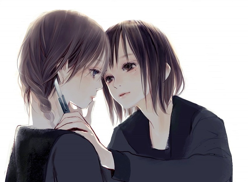 ayukonote, iki (artist), mitarai satomi, nevada-tan, real life, blade, 2girls, animification, bob cut, boxcutter, braid, brown eyes, mole, mole under eye, multiple girls, real life insert, school uniform, short hair, twin braids, yuri