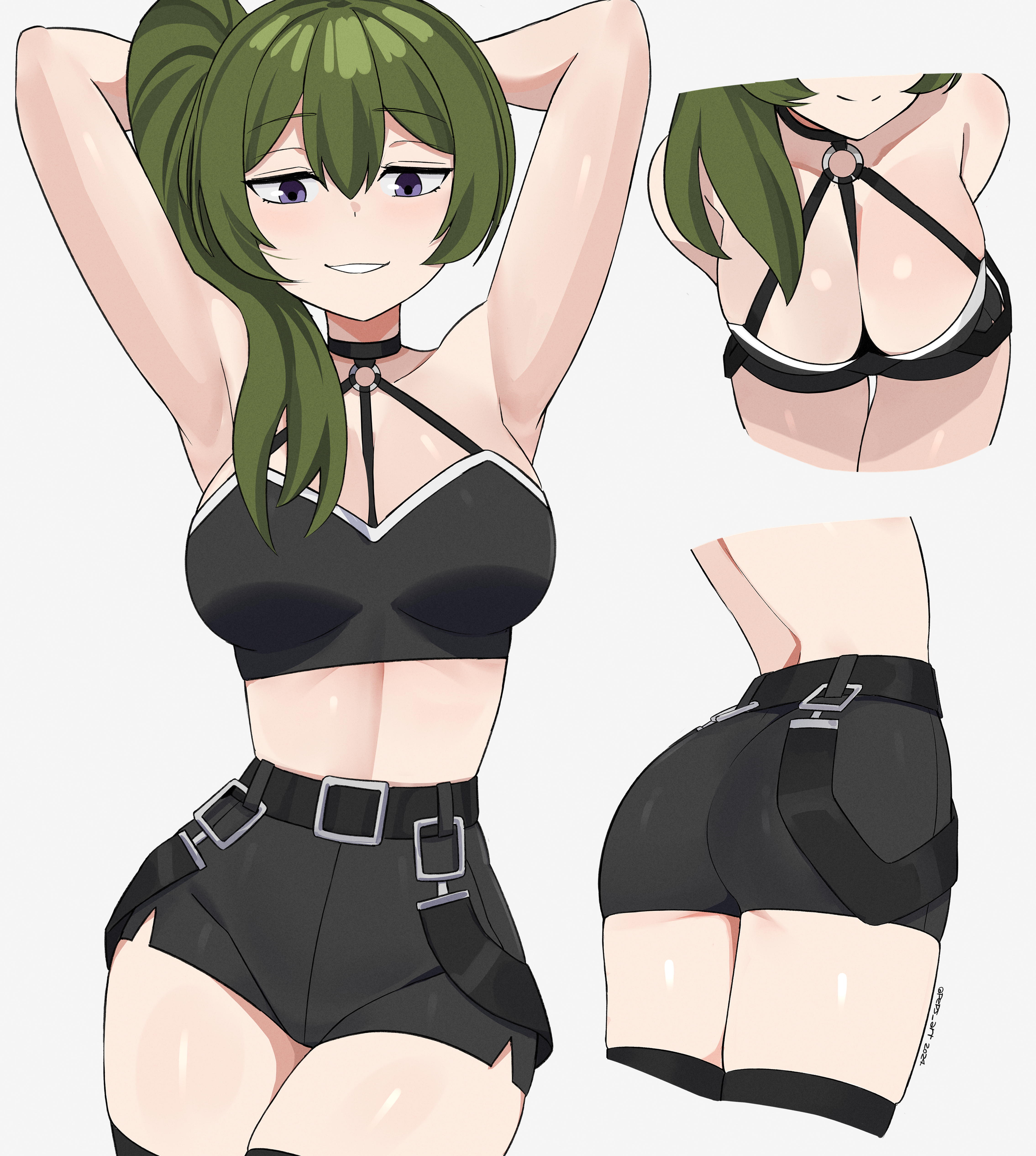 peps art, ubel (sousou no frieren), sousou no frieren, absurdres, highres, 1girl, alternate costume, armpits, arms behind back, arms behind head, arms up, ass, bare shoulders, belt, black choker, black shorts, breasts, choker, cleavage, collarbone, contrapposto, cowboy shot, crop top, downblouse, green hair, hair between eyes, high-waist shorts, large breasts, leaning forward, linea alba, long hair, looking at viewer, median furrow, midriff, multiple views, navel, ponytail, purple eyes, short shorts, shorts, side ponytail, sidelocks, simple background, skindentation, smile, standing, stomach, thigh gap, thighhighs, thighs, twitter username, white background