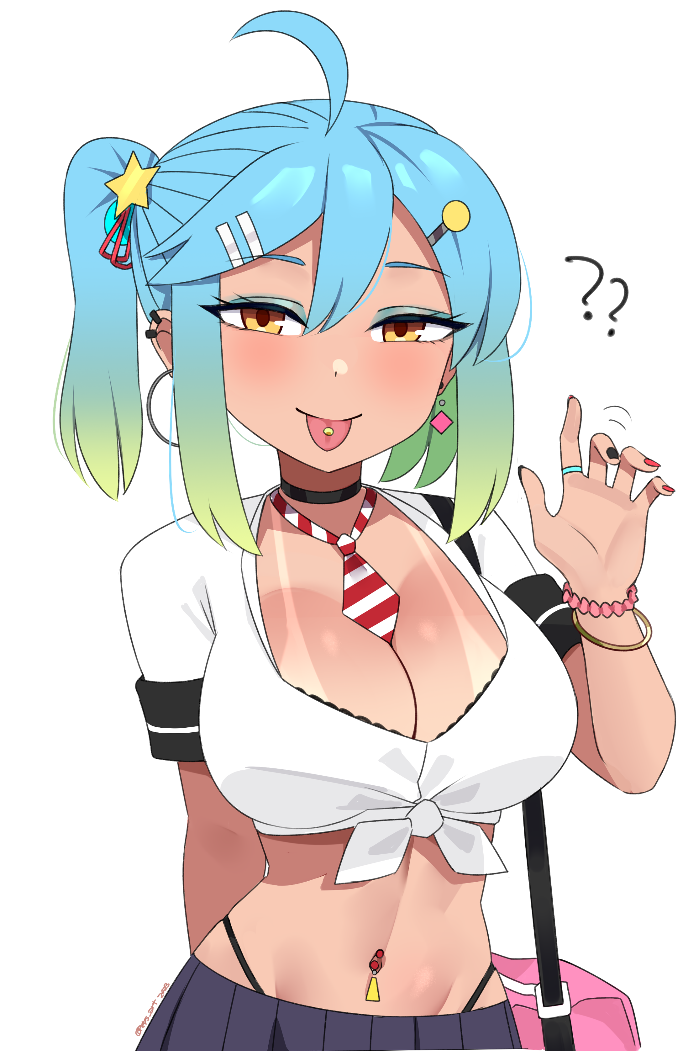 peps art, original, absurdres, highres, 1girl, ?, ??, ahoge, aqua hair, black choker, black nails, black skirt, blue hair, blush, bra, bra peek, breasts, choker, cleavage, crop top, dark-skinned female, dark skin, earrings, gradient hair, green hair, gyaru, hair between eyes, hoop earrings, jewelry, lace, lace-trimmed bra, lace trim, large breasts, looking at viewer, midriff, multicolored hair, navel, navel piercing, necktie, orange eyes, piercing, pleated skirt, ring, shirt, side ponytail, simple background, skirt, solo, striped necktie, tan, tied shirt, tongue, tongue out, tongue piercing, underwear, upper body, waving, white background, white shirt