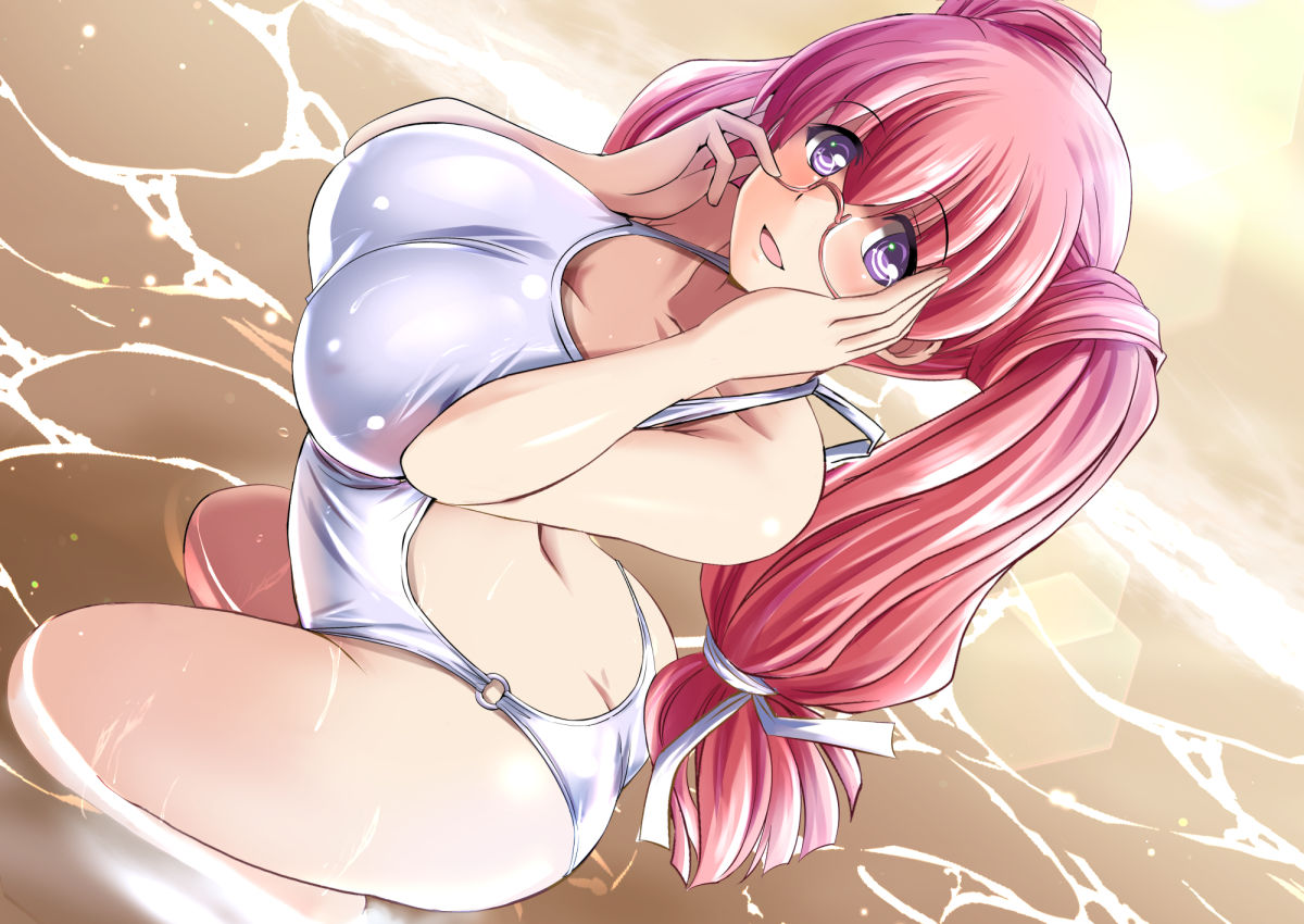 tonpuu, original, commentary request, variant set, 1girl, :d, bare arms, beach, bikini, blush, breasts, butt crack, cleavage, collarbone, covered erect nipples, day, glasses, hair ribbon, large breasts, long hair, looking at viewer, o-ring, ocean, one-piece swimsuit, open mouth, outdoors, pink hair, purple eyes, ribbon, side-tie bikini bottom, smile, solo, squatting, swimsuit, very long hair, white one-piece swimsuit