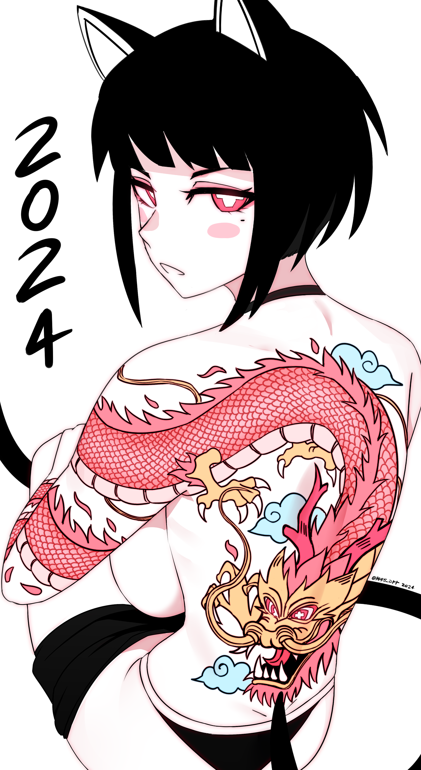 peps art, original, absurdres, highres, 1girl, 2024, animal ears, back tattoo, black hair, breasts, bright pupils, cat ears, chinese zodiac, dragon, dragon tattoo, eastern dragon, large breasts, looking back, medium hair, mole, mole under eye, parted lips, red eyes, simple background, sitting, solo, tattoo, topless female, white background, white pupils, year of the dragon