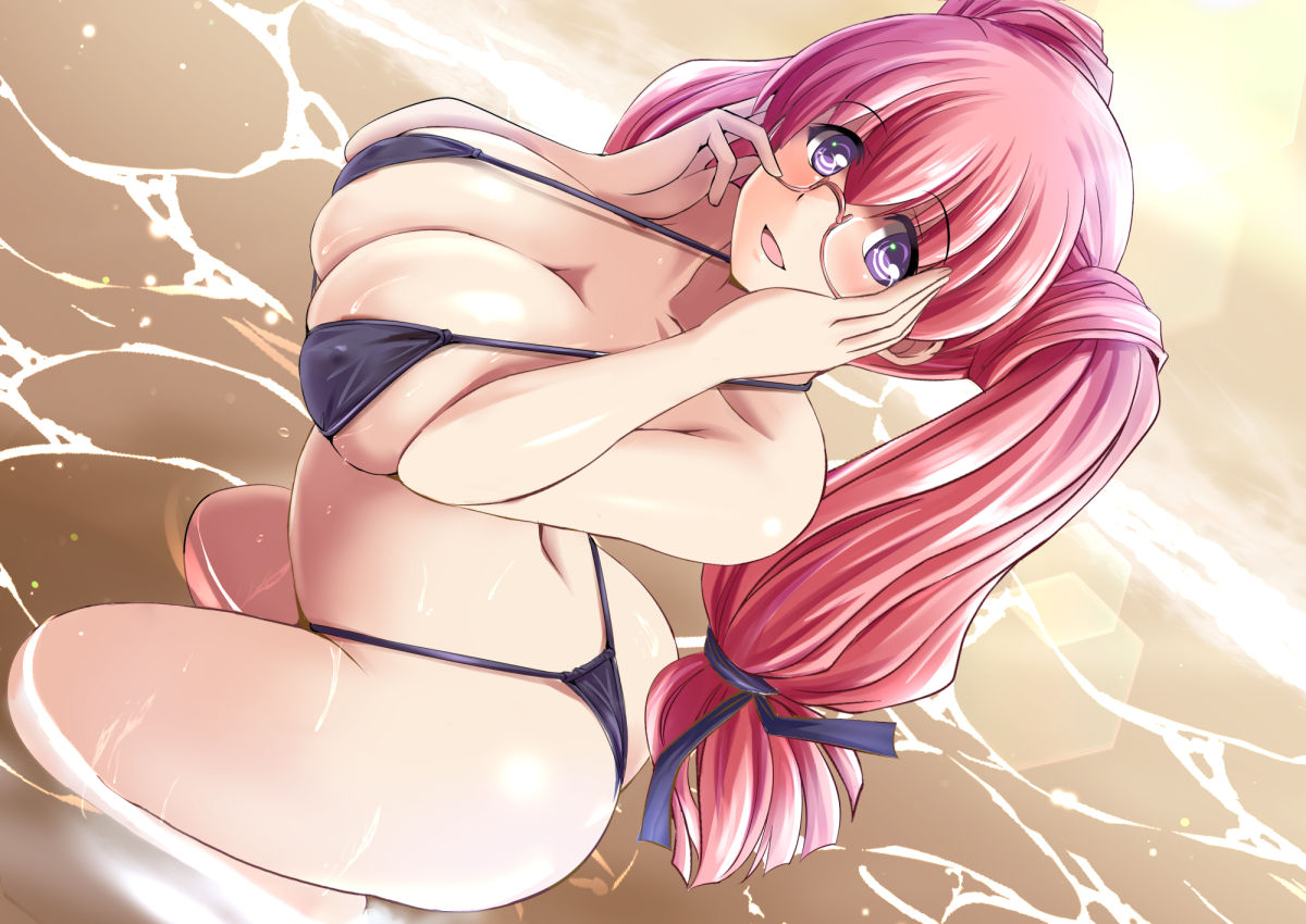 tonpuu, original, commentary request, variant set, 1girl, :d, bare arms, beach, bikini, black bikini, blush, breasts, butt crack, cleavage, collarbone, covered erect nipples, day, glasses, hair ribbon, large breasts, long hair, looking at viewer, ocean, open mouth, outdoors, pink hair, purple eyes, ribbon, side-tie bikini bottom, smile, solo, squatting, swimsuit, very long hair