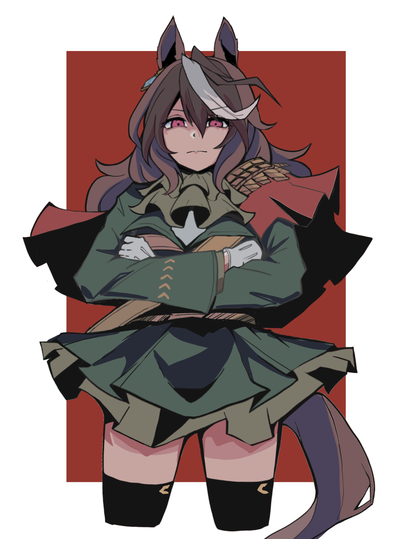 kawamochi (kawauti919), symboli rudolf (emperor's path) (umamusume), symboli rudolf (umamusume), umamusume, highres, 1girl, animal ears, black thighhighs, border, brown hair, closed mouth, cropped legs, crossed arms, epaulettes, gloves, green jacket, green skirt, grey gloves, hair between eyes, horse ears, horse girl, horse tail, jacket, long sleeves, looking at viewer, multicolored hair, pink eyes, pleated skirt, red background, ringed eyes, single epaulette, skirt, solo, streaked hair, tail, thighhighs, two-tone hair, white border, white hair