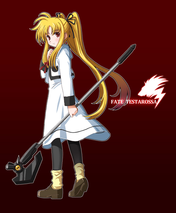 yone, bardiche (assault form) (nanoha), bardiche (nanoha), fate testarossa, lyrical nanoha, mahou shoujo lyrical nanoha, mahou shoujo lyrical nanoha a's, 00s, 1girl, blonde hair, female focus, full body, gradient background, pantyhose, red eyes, ribbon, school uniform, solo, standing, twintails