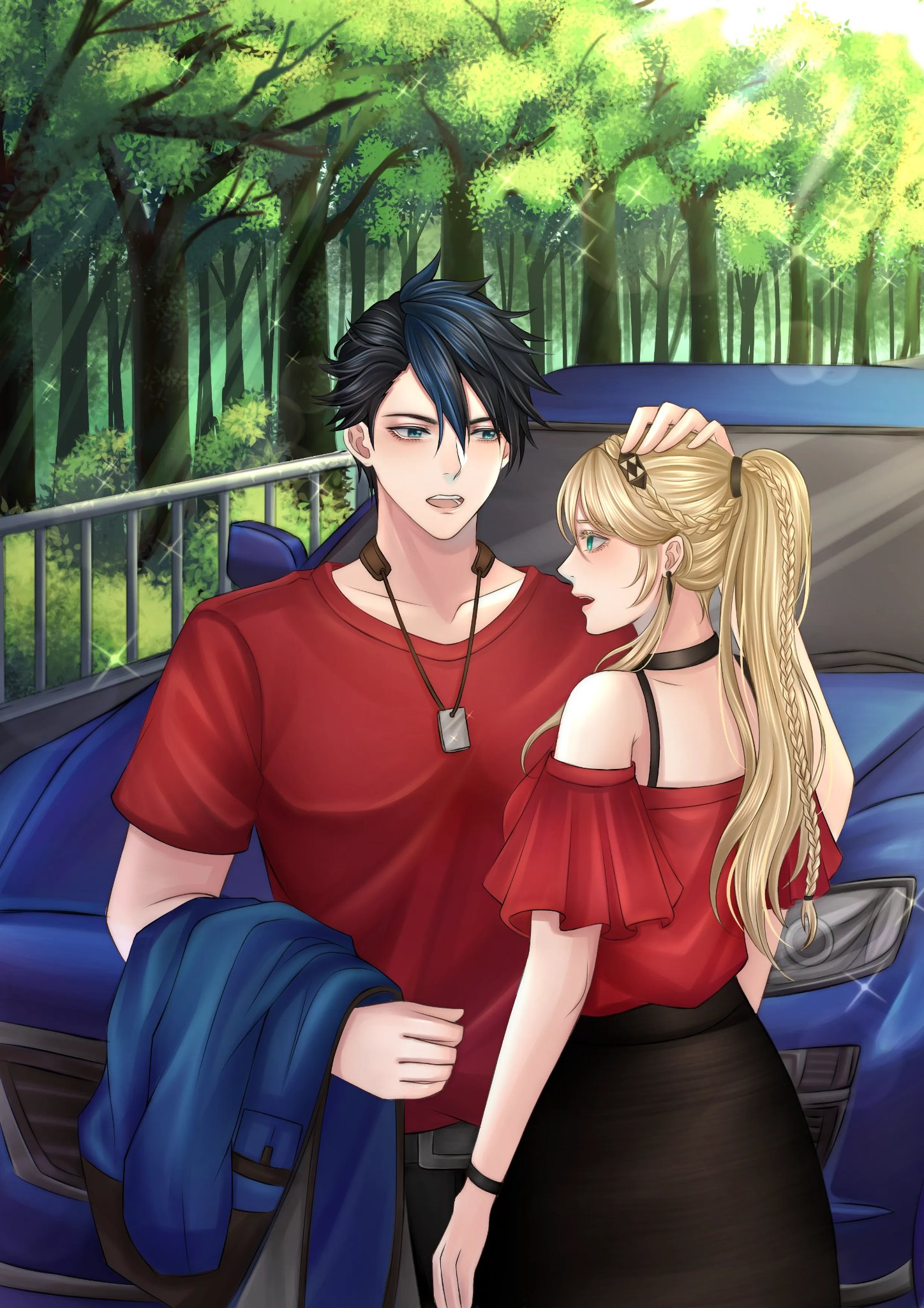 elaine auclair, van arkride, eiyuu densetsu, kuro no kiseki (series), artist request, commentary, commission, english commentary, highres, second-party source, 1boy, 1girl, black hair, blonde hair, blue eyes, blue hair, braid, car, crown braid, dog tags, double-parted bangs, forest, green eyes, hair between eyes, headpat, motor vehicle, multicolored hair, nature, off-shoulder shirt, off shoulder, open mouth, outdoors, parted bangs, ponytail, shirt, short hair, skirt, tree, two-tone hair, wristband