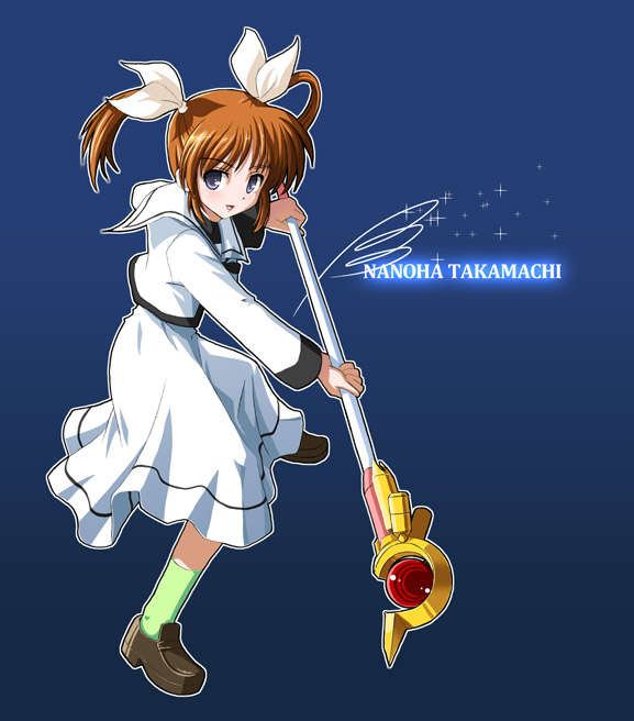 raising heart, raising heart (accel mode), takamachi nanoha, lyrical nanoha, mahou shoujo lyrical nanoha, mahou shoujo lyrical nanoha a's, 00s, 1girl, blue background, brown eyes, brown hair, dress, female focus, gem, long sleeves, looking at viewer, rod, school uniform, simple background, solo, staff, twintails, white dress