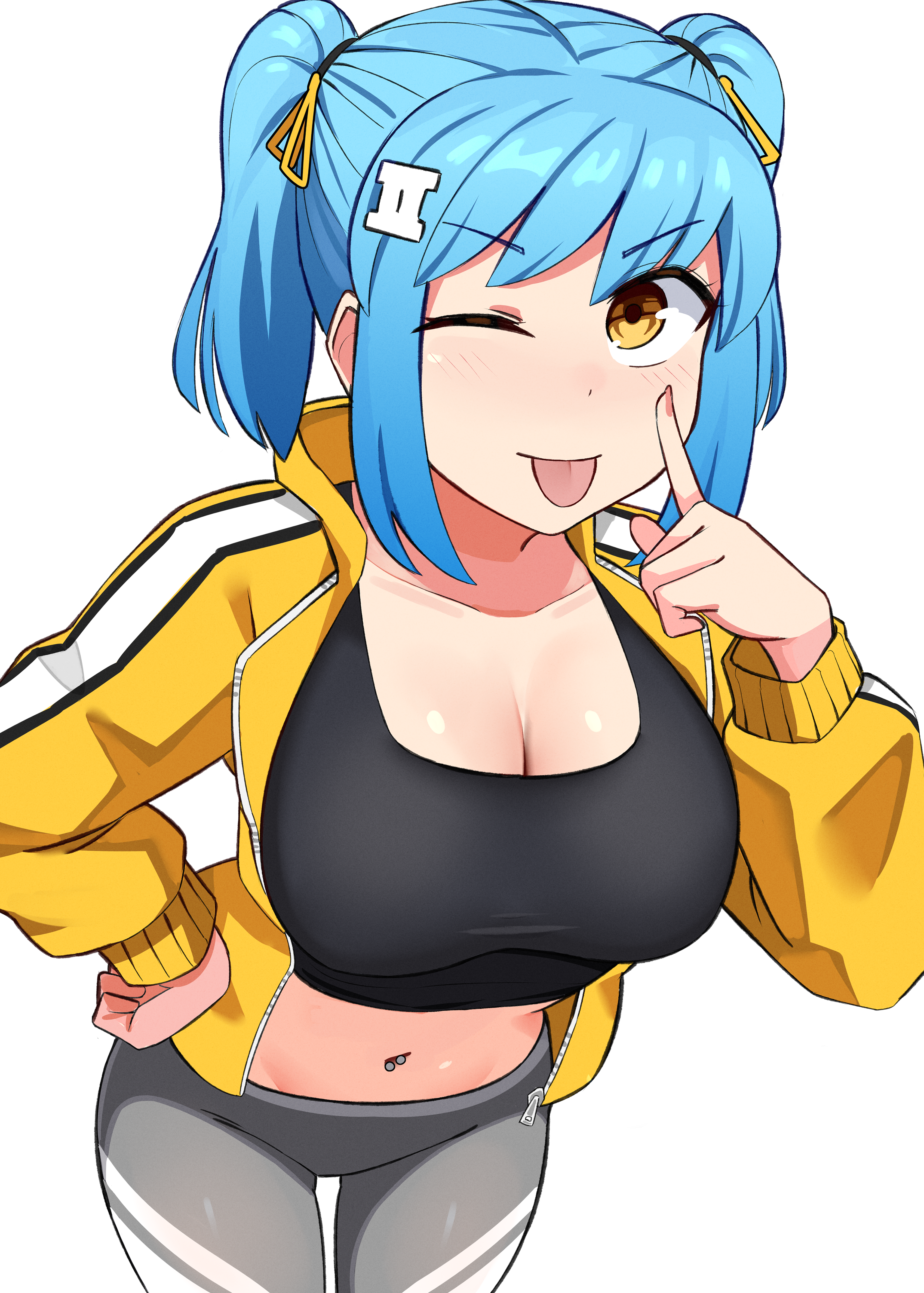 peps art, ii (peps art), original, absurdres, highres, 1girl, black shirt, blue hair, breasts, cleavage, collarbone, cowboy shot, crop top, from above, grey pants, hair ornament, jacket, large breasts, leaning forward, looking at viewer, navel, navel piercing, one eye closed, pants, piercing, shirt, short twintails, sidelocks, simple background, solo, swept bangs, taut clothes, taut shirt, tight clothes, tight pants, tongue, tongue out, track jacket, twintails, twitter strip game, white background, yellow eyes, yellow jacket
