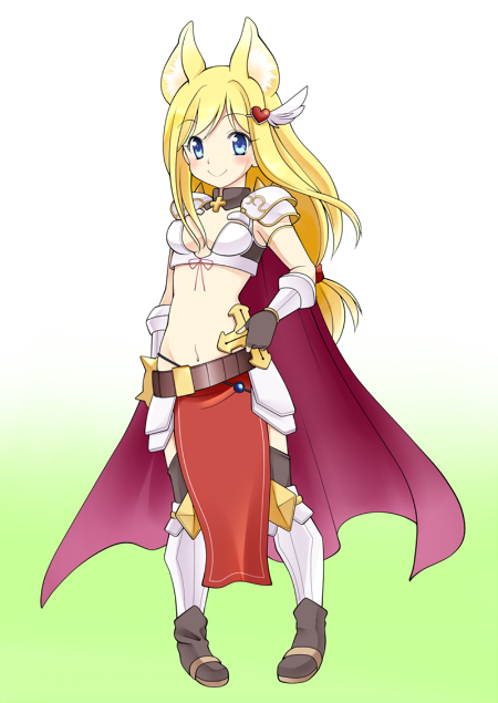 kotomi (happy colors), rune knight (ragnarok online), ragnarok online, commentary request, 1girl, animal ears, armor, armored boots, belt, bikini armor, black gloves, black thighhighs, blonde hair, blue eyes, blush, boots, breasts, brown belt, cape, closed mouth, fox ears, fox girl, full body, gloves, gradient background, green background, hair ornament, hand on own hip, heart, heart hair ornament, long hair, looking at viewer, low-tied long hair, midriff, navel, pelvic curtain, pigeon-toed, red cape, small breasts, smile, solo, standing, thighhighs, white background