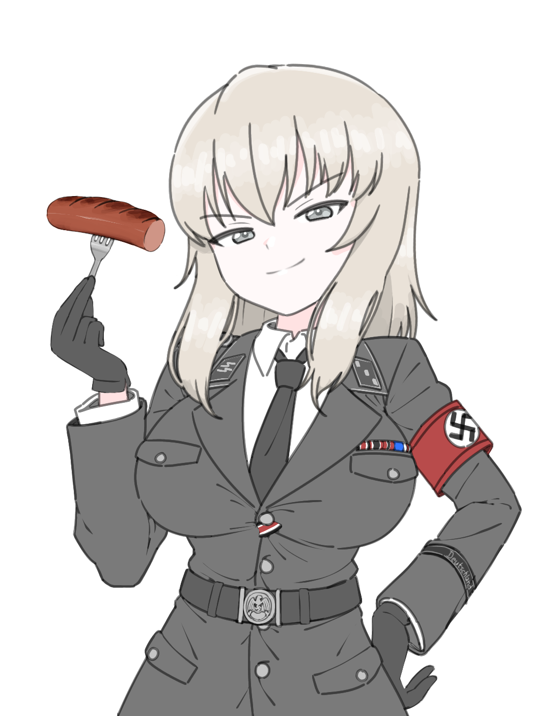black cat03, itsumi erika, girls und panzer, highres, 1girl, armband, black coat, black gloves, black necktie, breasts, closed mouth, coat, collared shirt, food, fork, gloves, grey eyes, grey hair, holding, holding fork, large breasts, looking at viewer, military dress uniform, military uniform, nazi, necktie, red armband, sausage, shirt, simple background, smile, solo, ss insignia, ss uniform, swastika, waffen-ss, white background, white shirt