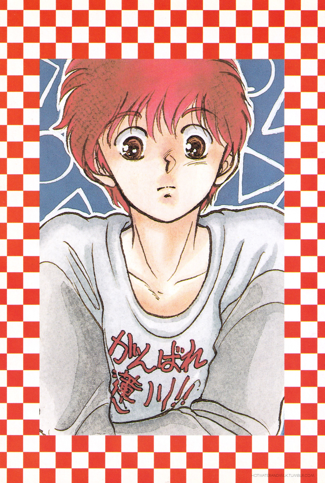 hasukawa kazuya, koko wa greenwood, commentary, english commentary, highres, scan, third-party edit, traditional media, 1boy, border, brown eyes, checkered border, closed mouth, clothes writing, collarbone, long sleeves, looking at viewer, male focus, nasu yukie, red hair, short hair, solo, third-party watermark