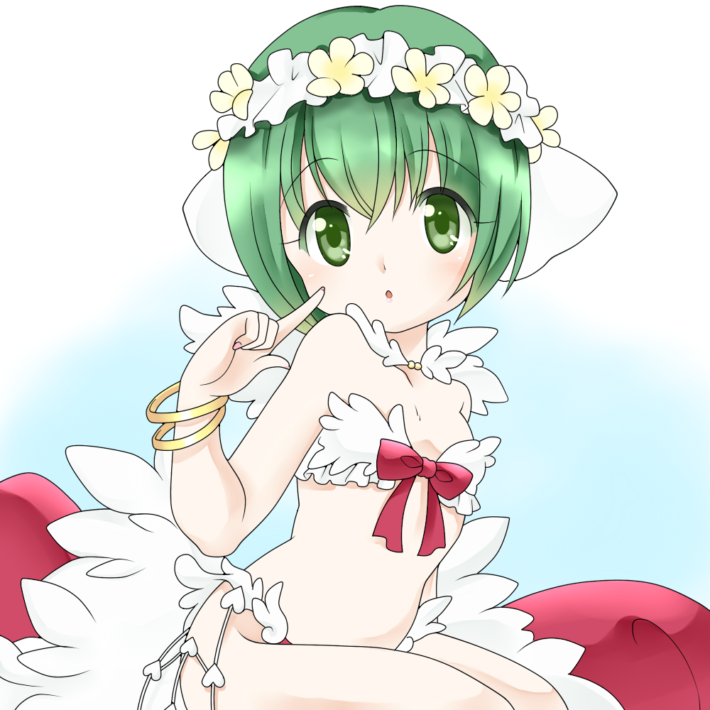 kotomi (happy colors), wanderer (ragnarok online), ragnarok online, commentary request, 1girl, :o, bangle, bikini, blue background, blush, bow, bracelet, breasts, cowboy shot, feather trim, flower, green eyes, green hair, head wreath, index finger raised, jewelry, looking at viewer, open mouth, red bow, seiza, sitting, small breasts, solo, swimsuit, white background, white bikini, white flower
