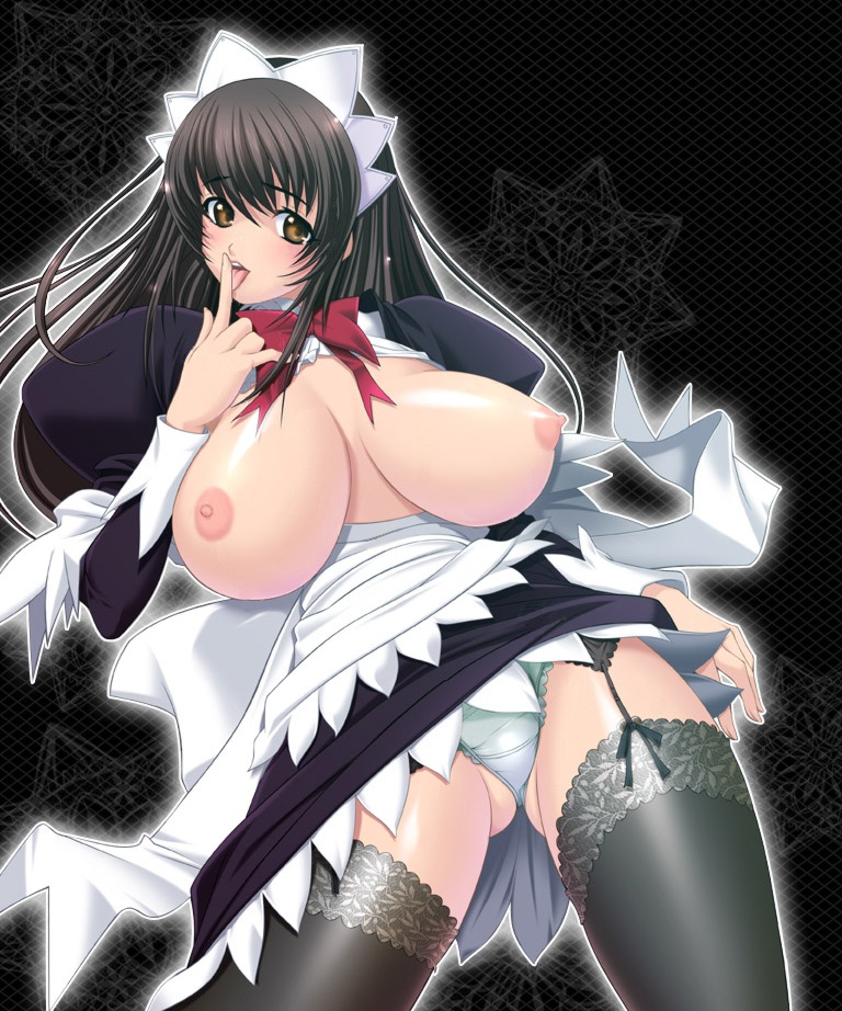 aga (artist), hayasaka yuumi, kosutte gin gin, 1girl, black hair, bow, bowtie, breasts, breasts apart, breasts out, brown eyes, contrapposto, curvy, female focus, garter belt, garter straps, green panties, huge breasts, juliet sleeves, large breasts, long hair, long sleeves, maid, maid headdress, nipples, outline, panties, pantyshot, puffy sleeves, small nipples, solo, thighhighs, tongue, underwear, white outline