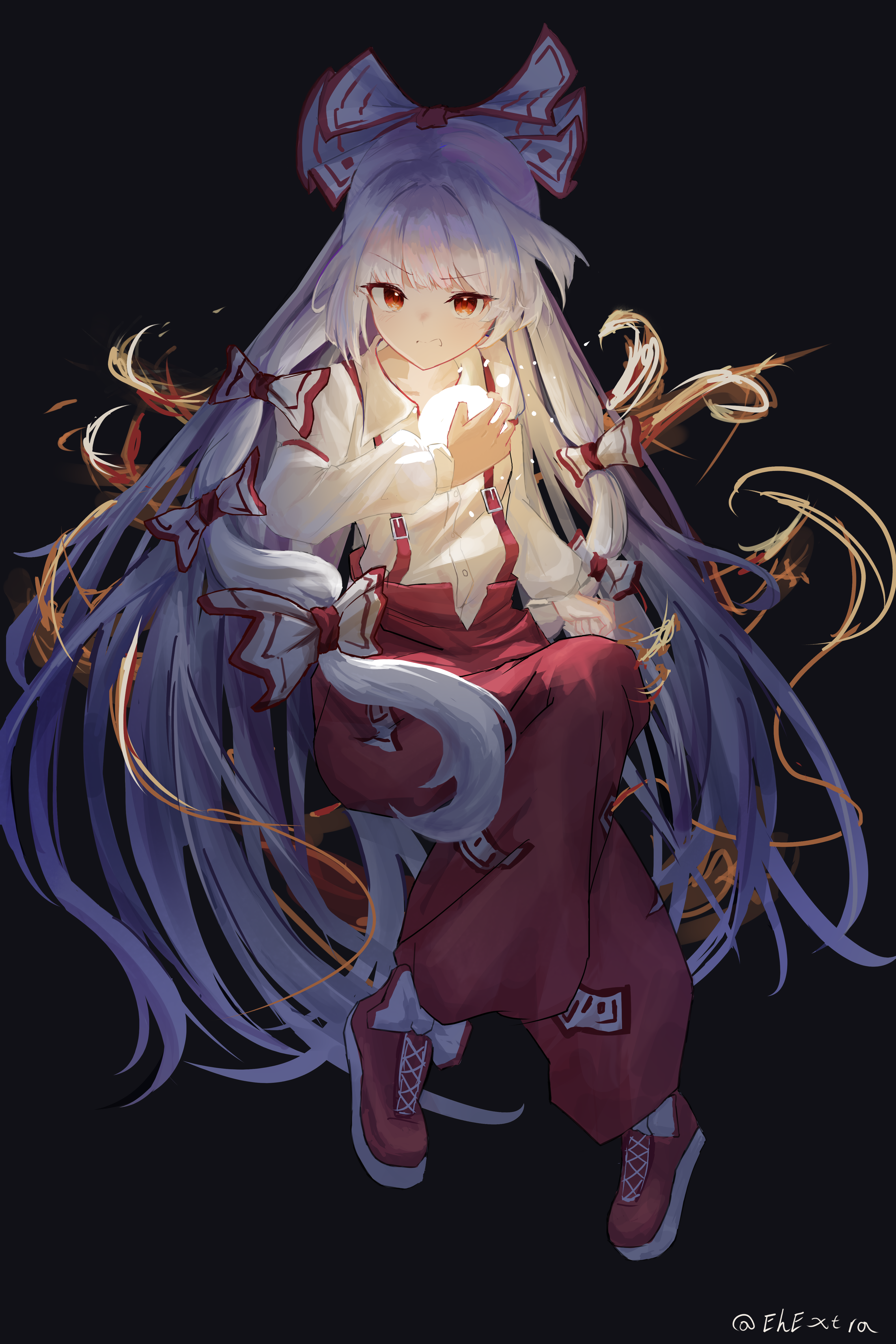 ehextra, fujiwara no mokou, touhou, absurdres, commentary request, highres, 1girl, artist name, black background, bow, clenched hand, clenched teeth, collared shirt, fire, footwear bow, full body, hair bow, long hair, long sleeves, ofuda, ofuda on clothes, pants, red eyes, red pants, red shoes, red suspenders, shirt, shoes, solo, teeth, very long hair, white bow, white hair, white shirt