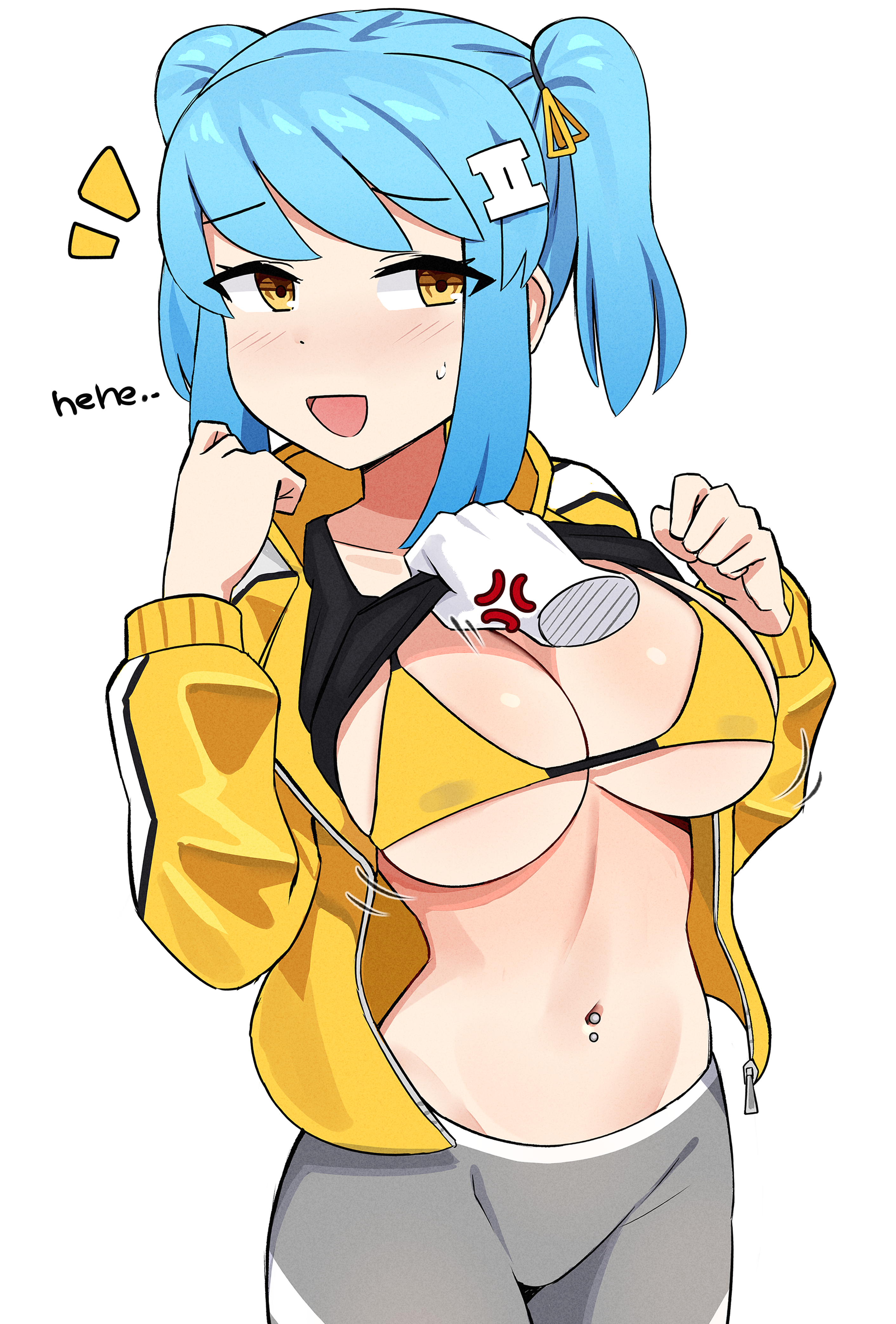 peps art, ii (peps art), original, absurdres, highres, 1girl, anger vein, assisted exposure, bikini, bikini under clothes, black shirt, blue hair, blush, breasts, cleavage, clothes lift, collarbone, covered erect nipples, cowboy shot, crop top, disembodied hand, english text, grey pants, hair ornament, jacket, large breasts, looking to the side, micro bikini, navel, navel piercing, open mouth, pants, piercing, shirt, shirt lift, short twintails, sideboob, sidelocks, simple background, smile, solo, swept bangs, swimsuit, tight clothes, tight pants, track jacket, twintails, twitter strip game, underboob, undressing another, white background, yellow bikini, yellow eyes, yellow jacket