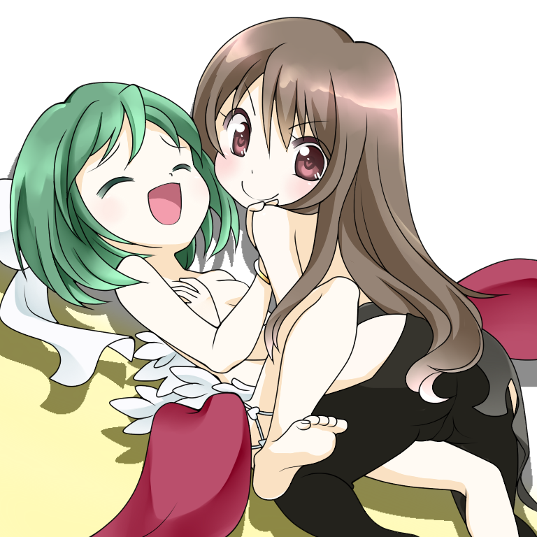 kotomi (happy colors), wanderer (ragnarok online), warlock (ragnarok online), ragnarok online, 2girls, :d, ass, barefoot, black pants, bow, breasts, brown eyes, brown hair, closed eyes, closed mouth, feet out of frame, green hair, hair bow, heart, heart-shaped pupils, long hair, looking at viewer, looking back, multiple girls, nude, open mouth, pants, short hair, small breasts, smile, symbol-shaped pupils, topless female, v-shaped eyebrows, white bow, yuri