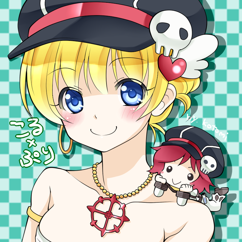 kotomi (happy colors), genetic (ragnarok online), sura (ragnarok online), ragnarok online, commentary request, 1boy, 1girl, black hat, blonde hair, blue background, blue eyes, blush, breasts, checkered background, closed mouth, cross, cross necklace, cross of prontera, hair ornament, hat, hat ornament, heart, heart hair ornament, jewelry, looking at viewer, medium breasts, mini person, miniboy, necklace, newsboy cap, pants, portrait, red hair, short hair, skull hat ornament, smile, white pants