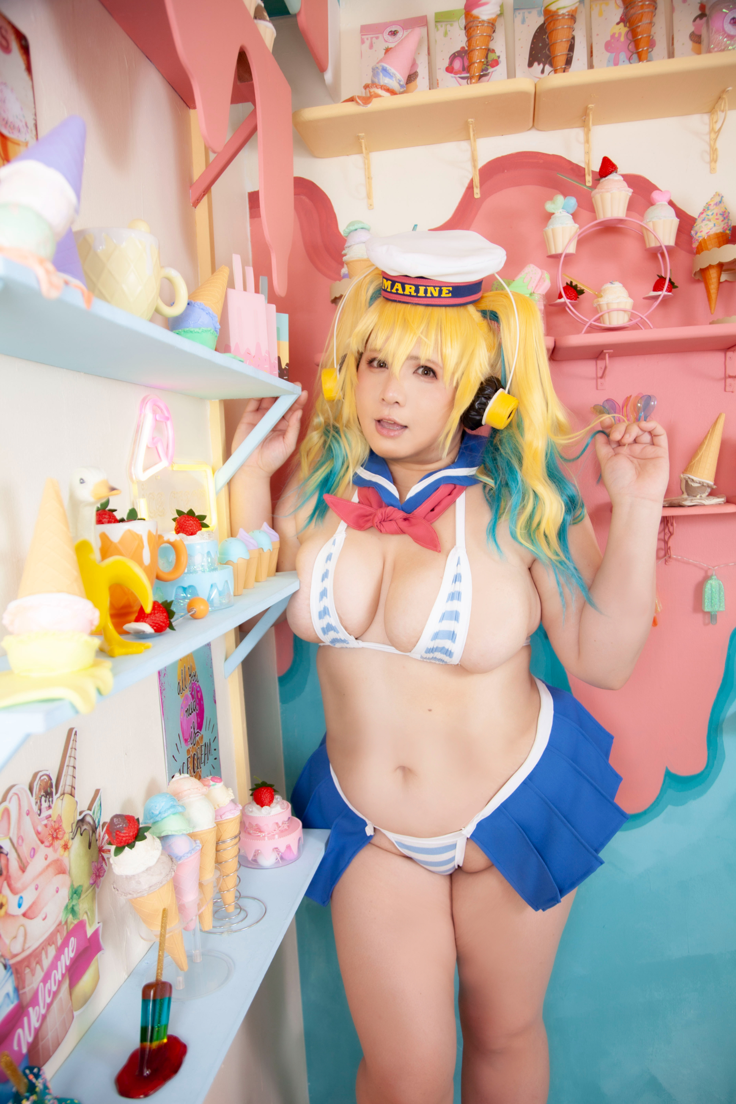 chouzuki maryou, super pochaco, nitroplus, highres, photo (medium), 1girl, asian, blonde hair, breasts, cosplay, female focus, food, ice cream, lipstick, makeup, plump, solo, super pochaco (cosplay), thick thighs, thighs