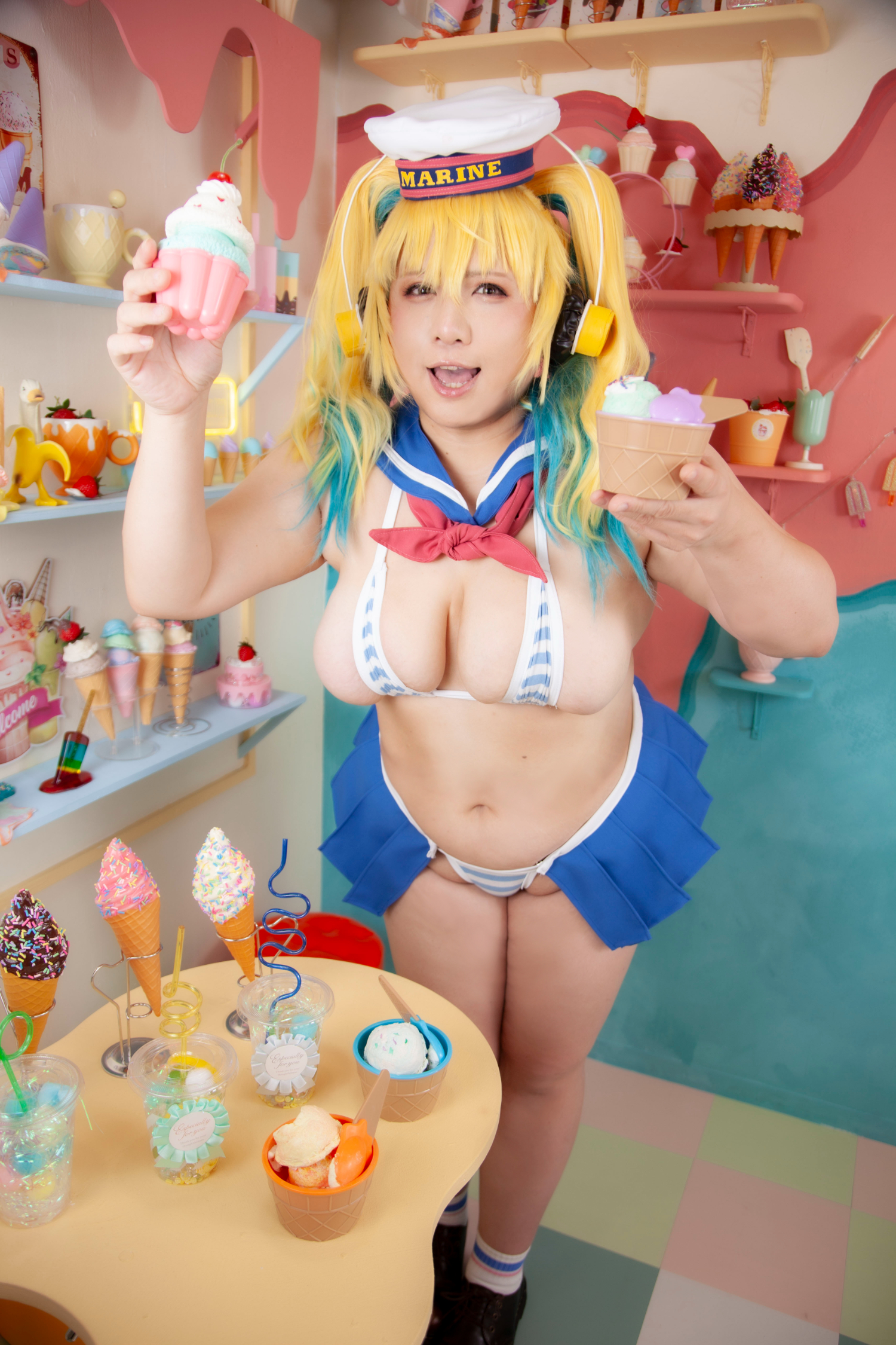 chouzuki maryou, super pochaco, nitroplus, highres, photo (medium), 1girl, asian, blonde hair, breasts, cosplay, female focus, food, ice cream, lipstick, makeup, plump, solo, super pochaco (cosplay), thick thighs, thighs