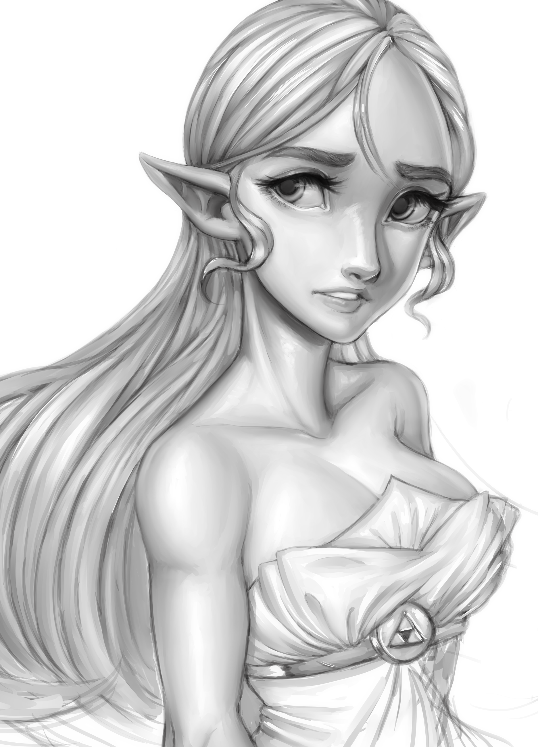 teevo, princess zelda, nintendo, the legend of zelda, the legend of zelda: breath of the wild, bare shoulders, breasts, cleavage, dress, long hair, monochrome, triforce, white dress