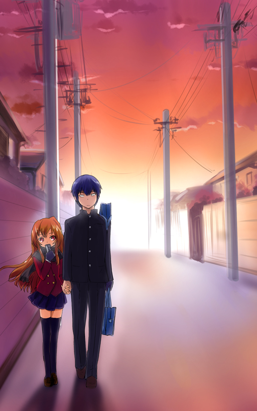 sakaki soshi, aisaka taiga, takasu ryuuji, toradora!, bad id, bad pixiv id, 00s, 1boy, 1girl, blue hair, brown eyes, brown hair, cloud, gloves, holding hands, outdoors, scarf, school uniform, skirt, sky, standing, sunset, thighhighs, zettai ryouiki