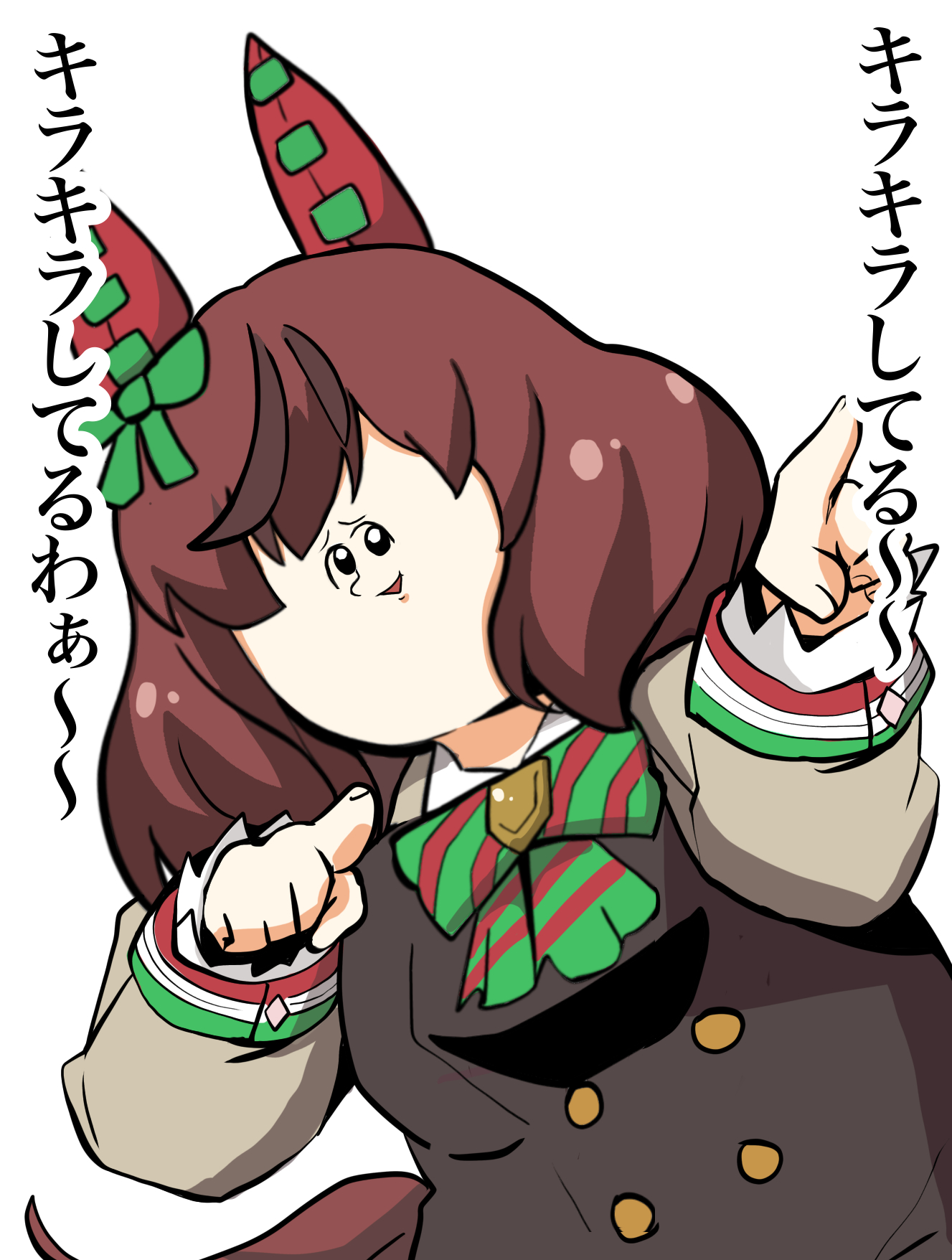 kawamochi (kawauti919), nice nature (poinsettia ribbon) (umamusume), nice nature (umamusume), umamusume, highres, translation request, 1girl, animal ears, black dress, bow, brown hair, brown shirt, dress, ear bow, green bow, horse ears, horse girl, horse tail, jigoku no misawa (style), juliet sleeves, long sleeves, multicolored hair, pointing, puffy sleeves, shirt, simple background, sleeveless, sleeveless dress, sleeves past wrists, solo, streaked hair, tail, twintails, white background