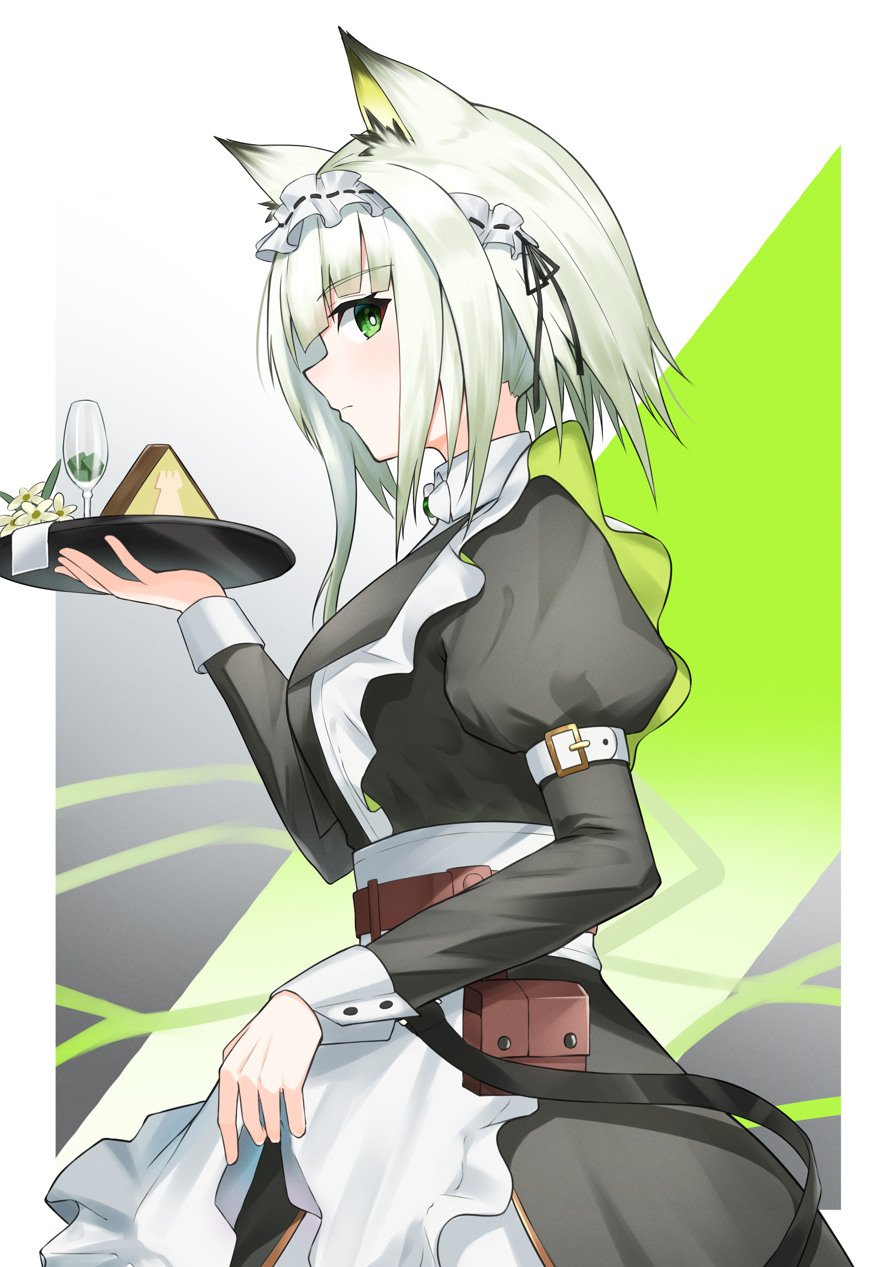 k@bu, kal'tsit (arknights), kal'tsit (the remains of time) (arknights), arknights, absurdres, highres, 1girl, animal ear fluff, animal ears, apron, black dress, cake, cat ears, cat girl, cup, dress, drinking glass, flower, food, frilled apron, frills, green eyes, green hair, holding, holding tray, long sleeves, looking at viewer, looking to the side, maid, maid apron, maid headdress, official alternate costume, puffy sleeves, short hair, solo, tray, upper body, white apron, white headdress