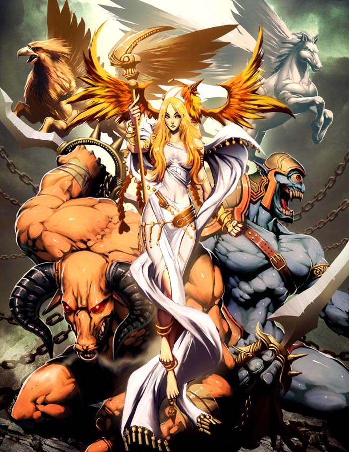 genzoman, aphrodite (mythology), greek mythology, original, 1girl, armor, barefoot, bird, blonde hair, chain, cyclops, epic, face piercing, glowing, glowing eyes, griffin, griffon, horns, lips, minotaur, monster, nose piercing, nose ring, one-eyed, pegasus, phoenix, piercing, red eyes, skinny, slender, staff, sword, weapon, wings