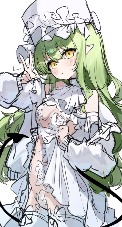 kabedoru, hikari (blue archive), blue archive, 1girl, ascot, bare shoulders, blush, bow, breasts, cowboy shot, demon tail, dress, frilled hat, frills, green hair, hair between eyes, hand up, hat, jacket, long hair, long sleeves, looking at viewer, navel, off shoulder, open clothes, open jacket, parted lips, pointy ears, revealing clothes, simple background, sketch, small breasts, solo, tail, thighhighs, v, very long hair, w, white ascot, white background, white bow, white dress, white hat, white jacket, white thighhighs, yellow eyes