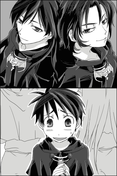 kittaka kaname, azalie cait sith, leticia maccready, orphen, majutsushi orphen, bad id, bad pixiv id, 1boy, 2girls, greyscale, long hair, monochrome, multiple girls, short hair