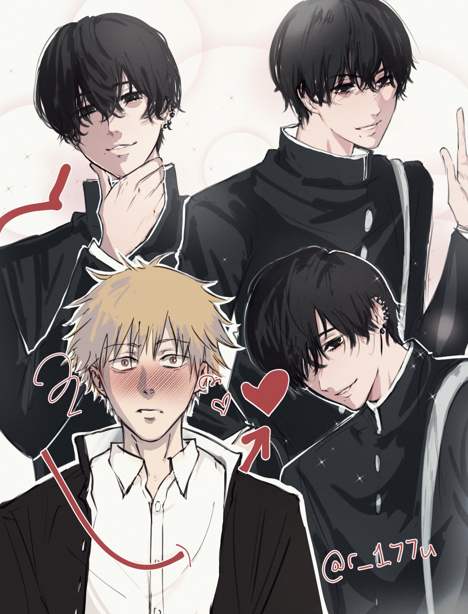 denji (chainsaw man), yoshida hirofumi, chainsaw man, hashtag-only commentary, highres, 2boys, bag, black eyes, black hair, blonde hair, blush, buttons, closed mouth, collared shirt, ear piercing, gakuran, hair between eyes, heart, jacket, male focus, mole, mole under mouth, multiple boys, multiple piercings, open clothes, open jacket, parted bangs, piercing, r 177u, school uniform, shirt, short hair, shoulder bag, twitter username, upper body, white shirt, yaoi