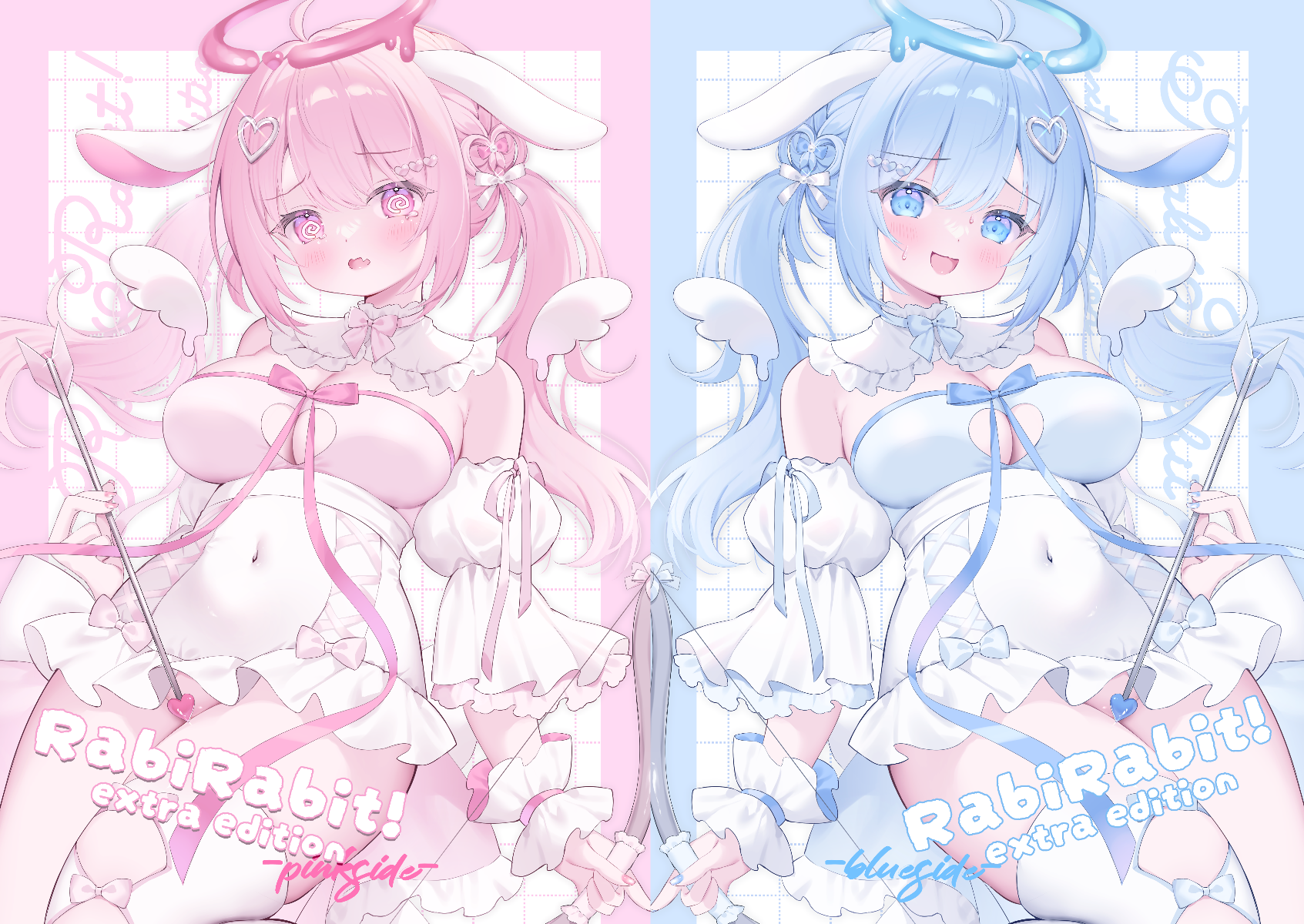 yasumi nashi, original, highres, 2girls, animal ears, arrow (projectile), bare shoulders, bow (weapon), breasts, detached sleeves, halo, medium breasts, multiple girls, navel, rabbit ears, twintails, weapon, wings