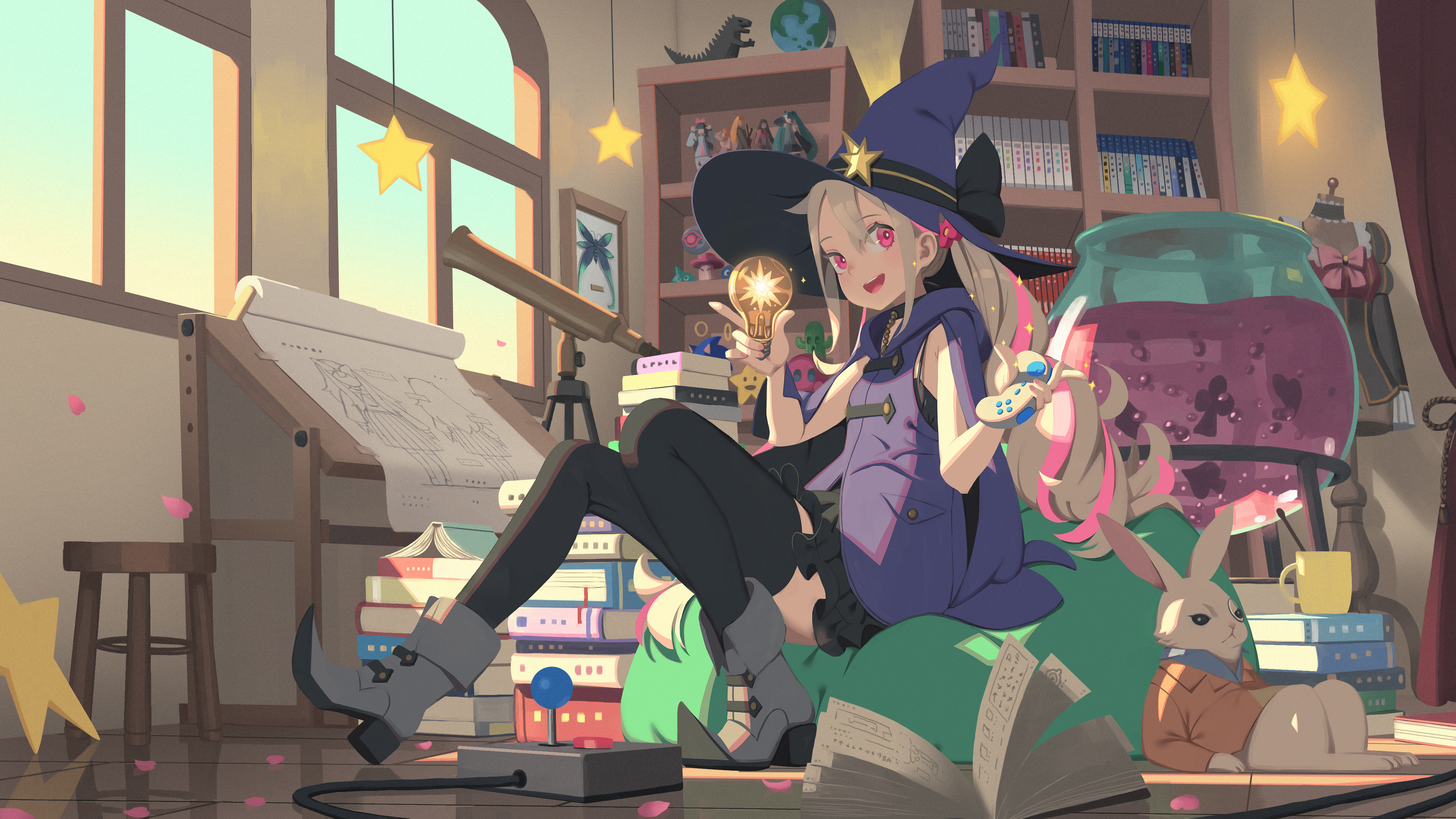 vofan, original, absurdres, highres, 1girl, bean bag chair, black thighhighs, blonde hair, book, breasts, cauldron, controller, game controller, hair between eyes, hat, hood, hoodie, light bulb, long hair, multicolored hair, open mouth, pink eyes, pink streaks, pointy shoes, purple hat, purple hoodie, shelf, shoes, small breasts, smile, solo, streaked hair, thighhighs, witch, witch hat