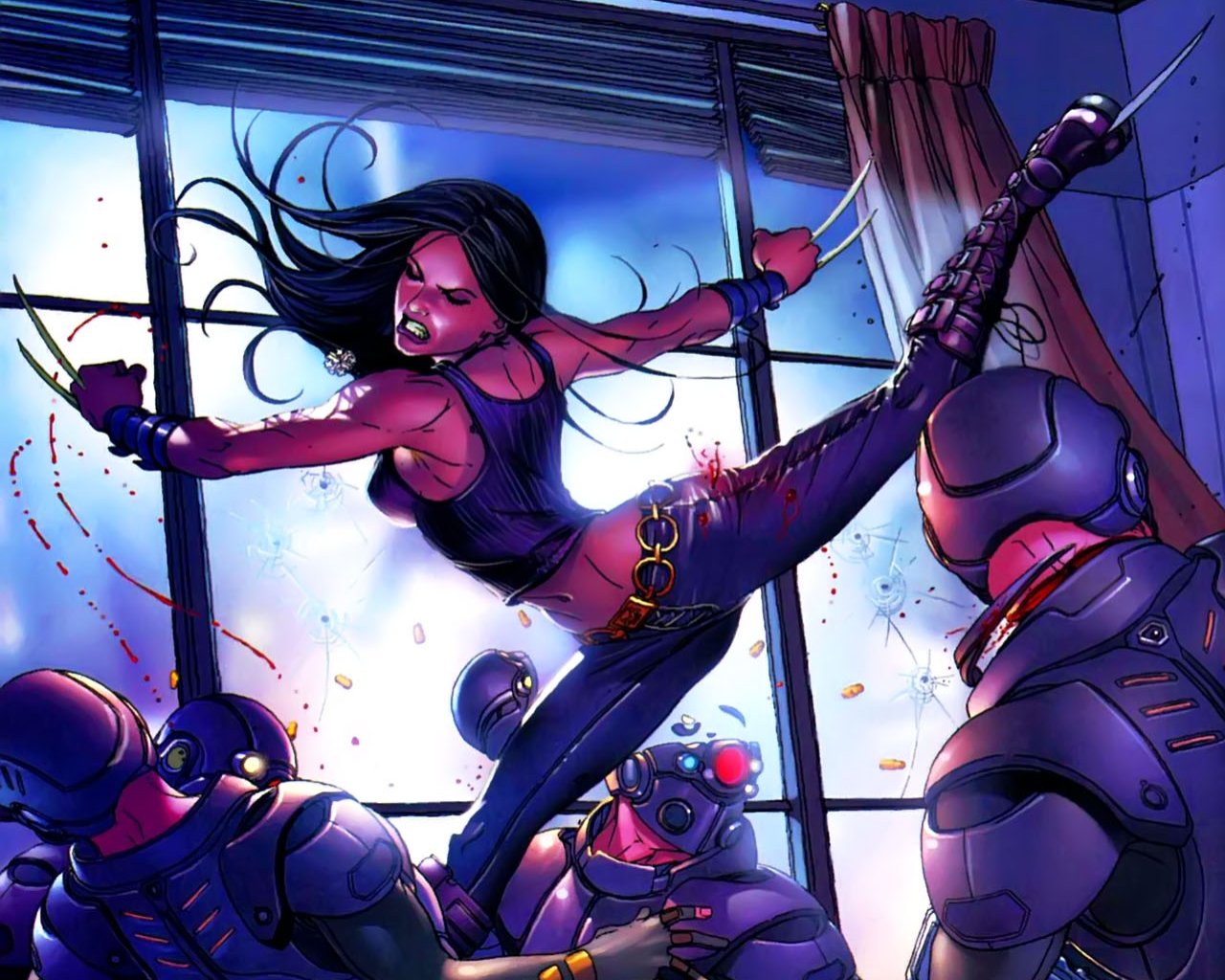 x-23, marvel, belt, black hair, blood, buckle boots, claws, combat boots, gothic boots, muscle shirt, shirt, tank top, vambraces
