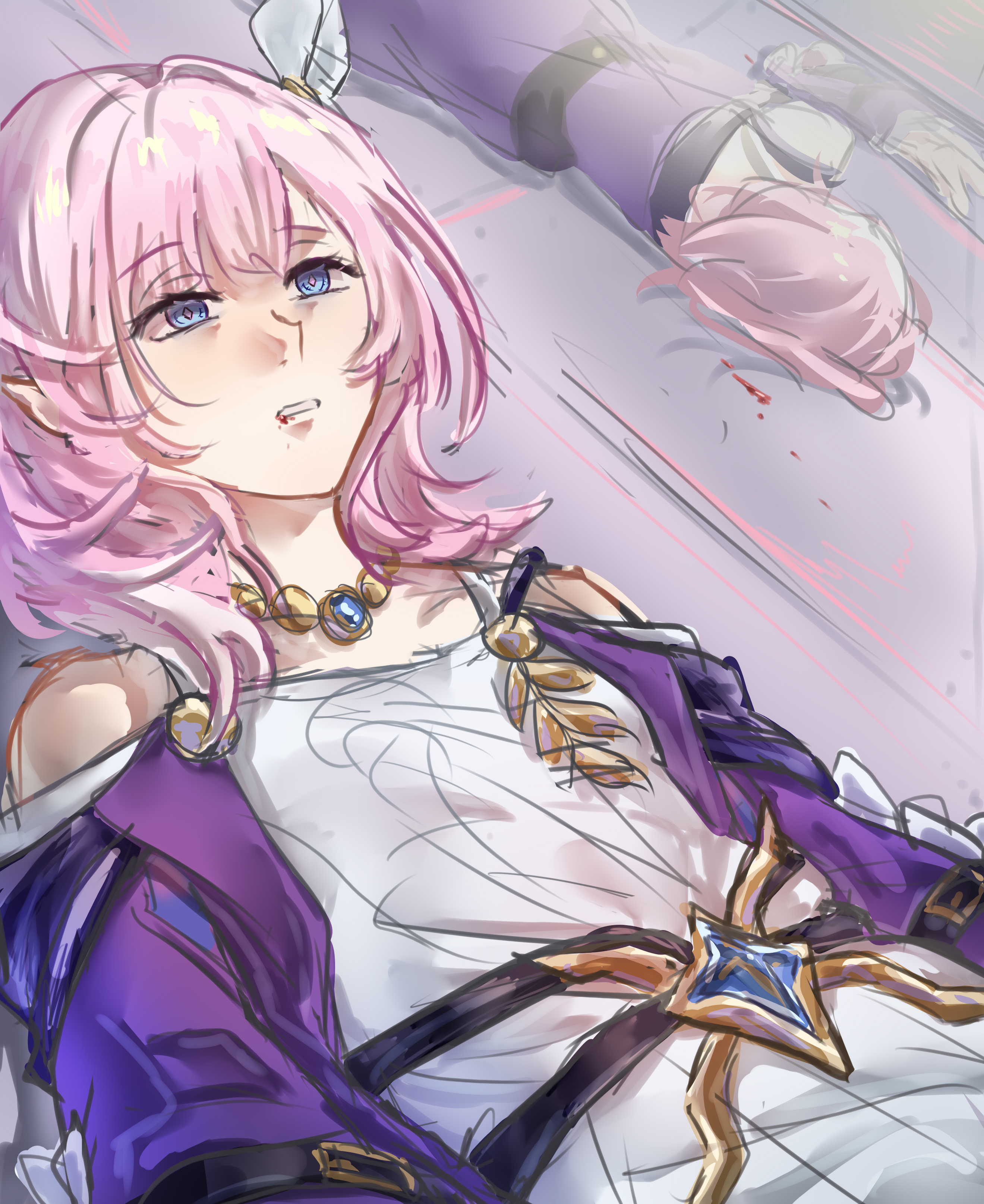 cyrene (honkai: star rail), honkai: star rail, honkai (series), absurdres, commentary, highres, 3girls, bare shoulders, blue eyes, breasts, coat, cyrene (aedes elysiae) (honkai: star rail), dress, hair ornament, jewelry, lying, multiple girls, multiple persona, necklace, nemone d, on side, parted lips, pink hair, purple coat, short hair, small breasts, white dress