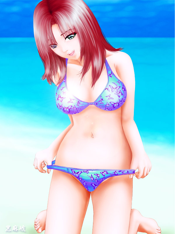 non-web source, adjusting clothes, adjusting swimsuit, beach, bikini, blue eyes, day, kneeling, long hair, red hair, solo, swimsuit