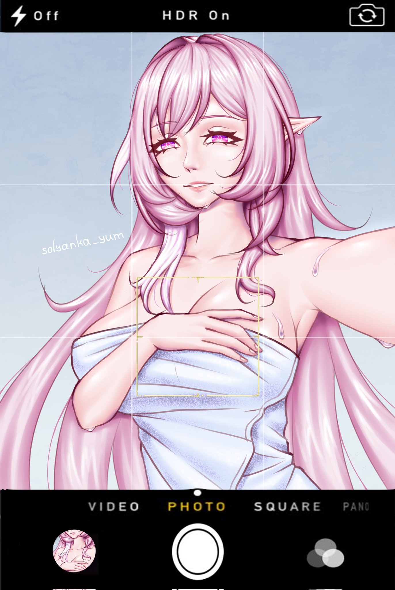 cyrene (honkai: star rail), cyrene (ripples of past reverie) (honkai: star rail), honkai: star rail, honkai (series), commentary, commentary request, corrupted twitter file, highres, 1girl, artist name, breasts, cleavage, diamond-shaped pupils, diamond (shape), fake phone screenshot, fake screenshot, large breasts, long hair, multicolored hair, naked towel, pink hair, pointy ears, purple eyes, selfie, solo, solyanka yum, symbol-shaped pupils, towel, two-tone hair, very long hair, white hair