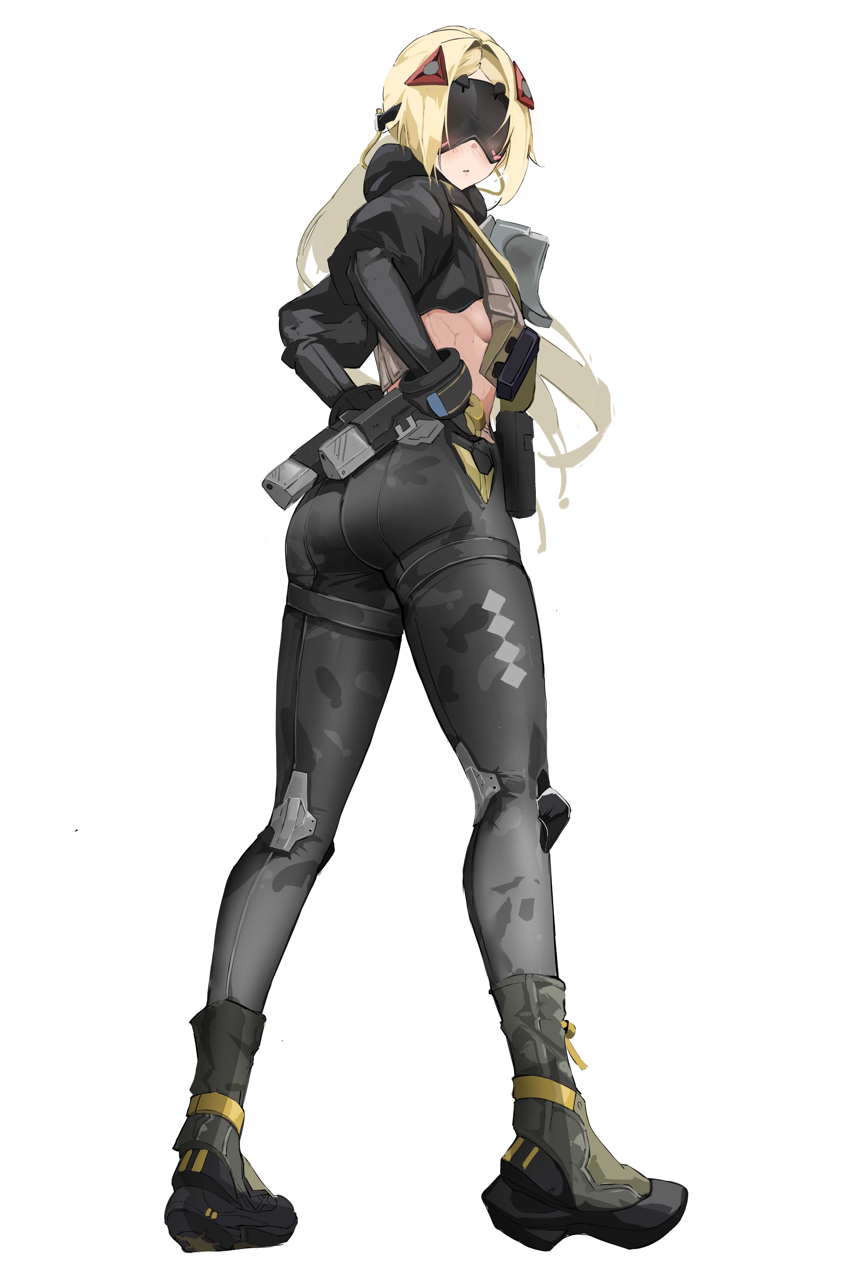 smurtz, trigger (zenless zone zero), zenless zone zero, absurdres, commentary, commission, highres, 1girl, ass, black shoes, blindfold, blonde hair, blush, breasts, camouflage, camouflage jacket, camouflage pants, closed mouth, cropped jacket, eye mask, facing viewer, glowing mask, hands on own hips, jacket, long hair, looking back, midriff, pants, shoes, sideboob, solo, sweat, tight clothes, tight pants, white background